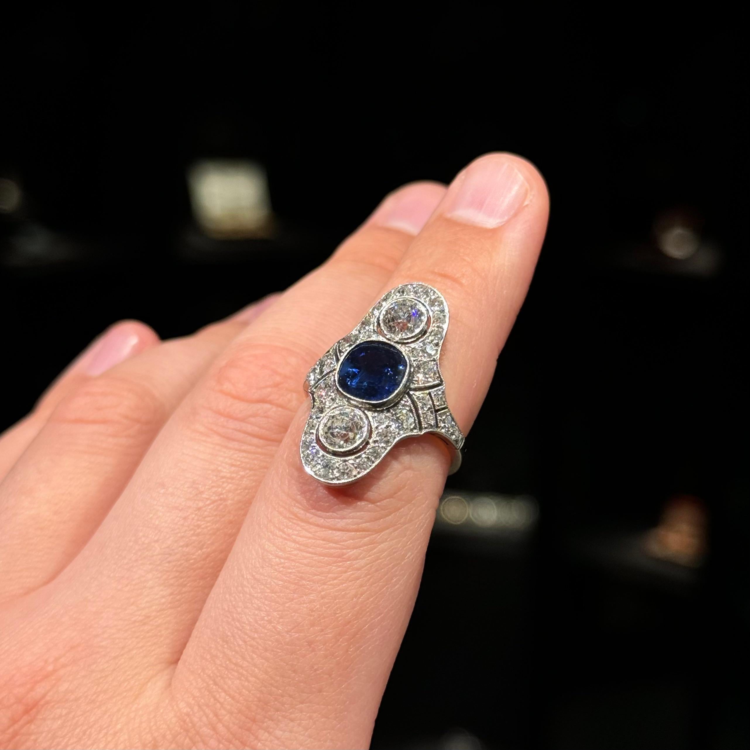 Art Deco Certified Natural Sapphire Diamond Cocktail Ring Platinum Gold 1930s For Sale 8