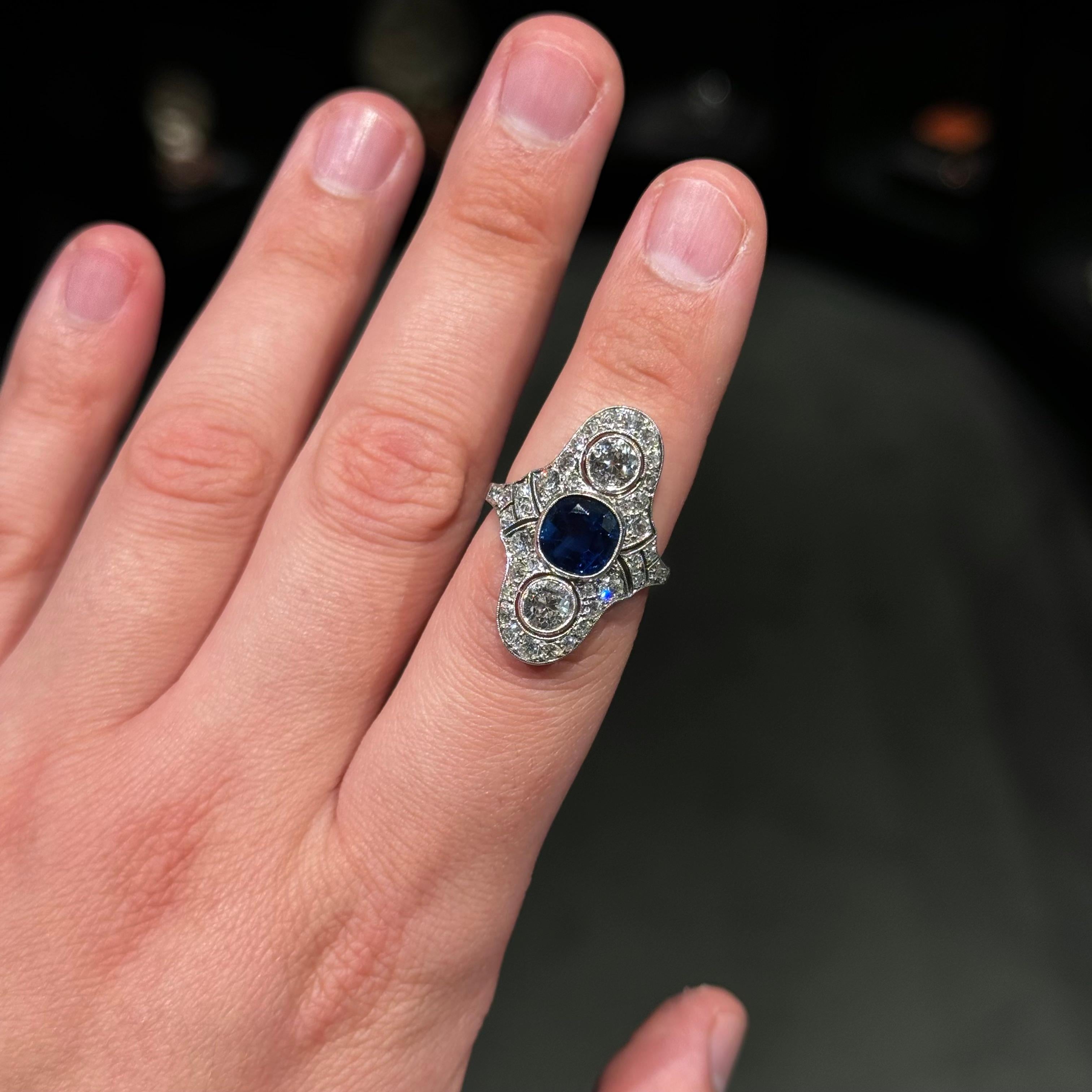 Art Deco Certified Natural Sapphire Diamond Cocktail Ring Platinum Gold 1930s For Sale 9