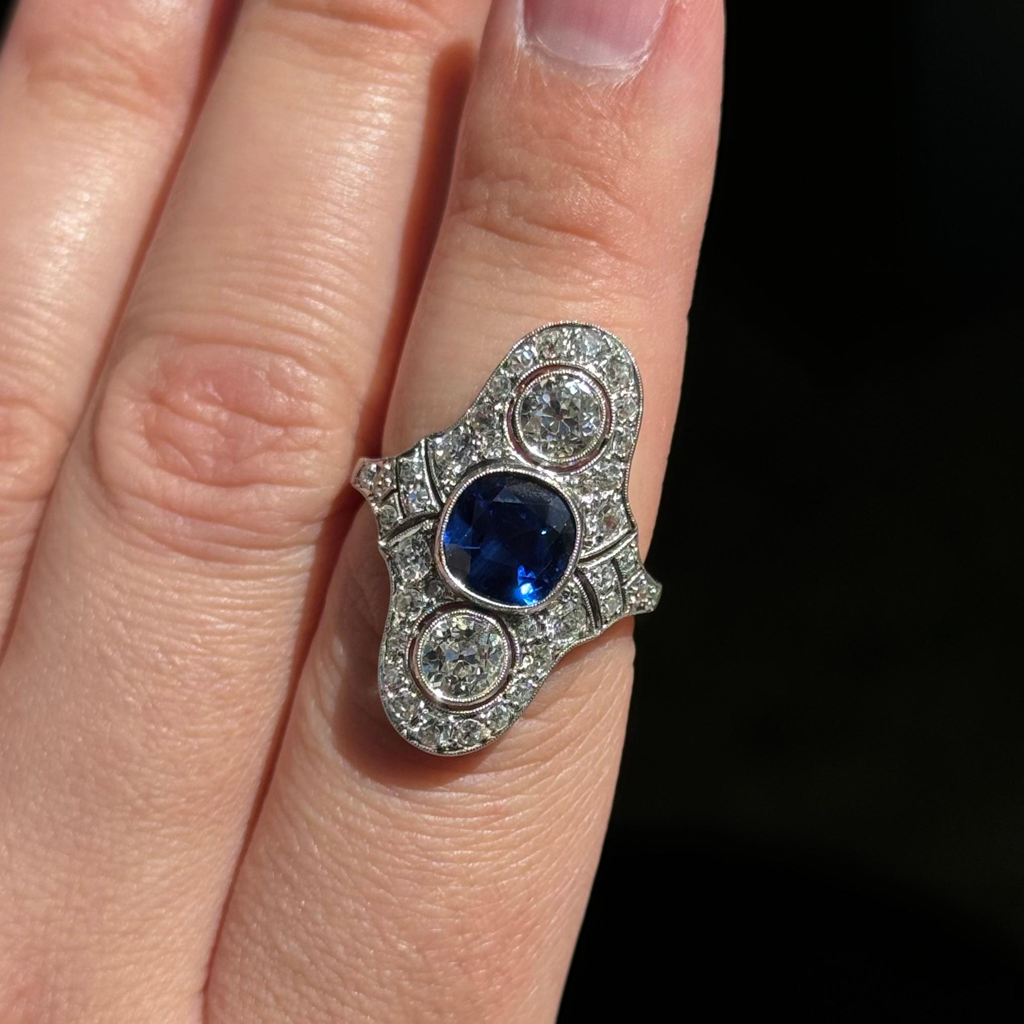 Art Deco Certified Natural Sapphire Diamond Cocktail Ring Platinum Gold 1930s For Sale 10