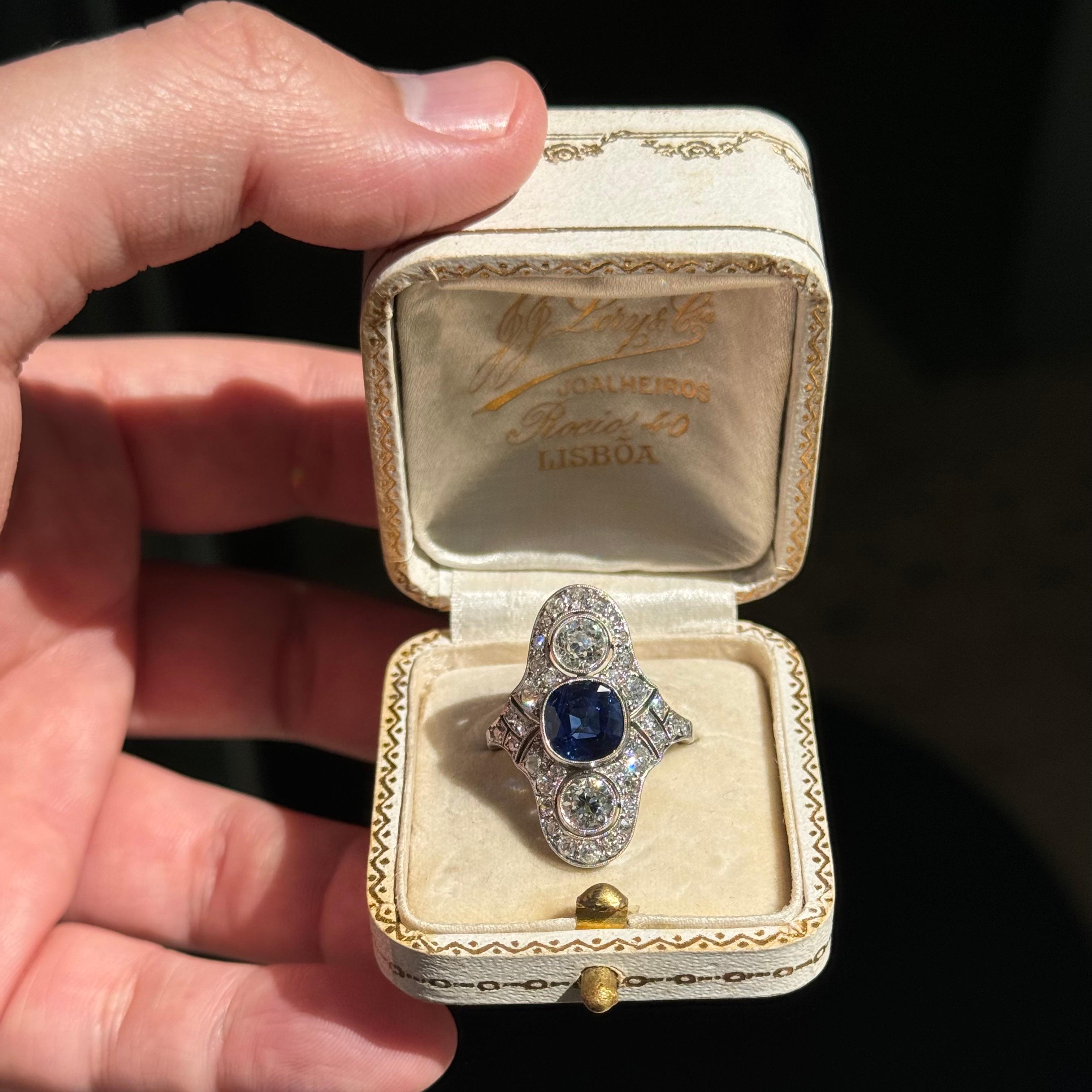 Art Deco Certified Natural Sapphire Diamond Cocktail Ring Platinum Gold 1930s For Sale 11