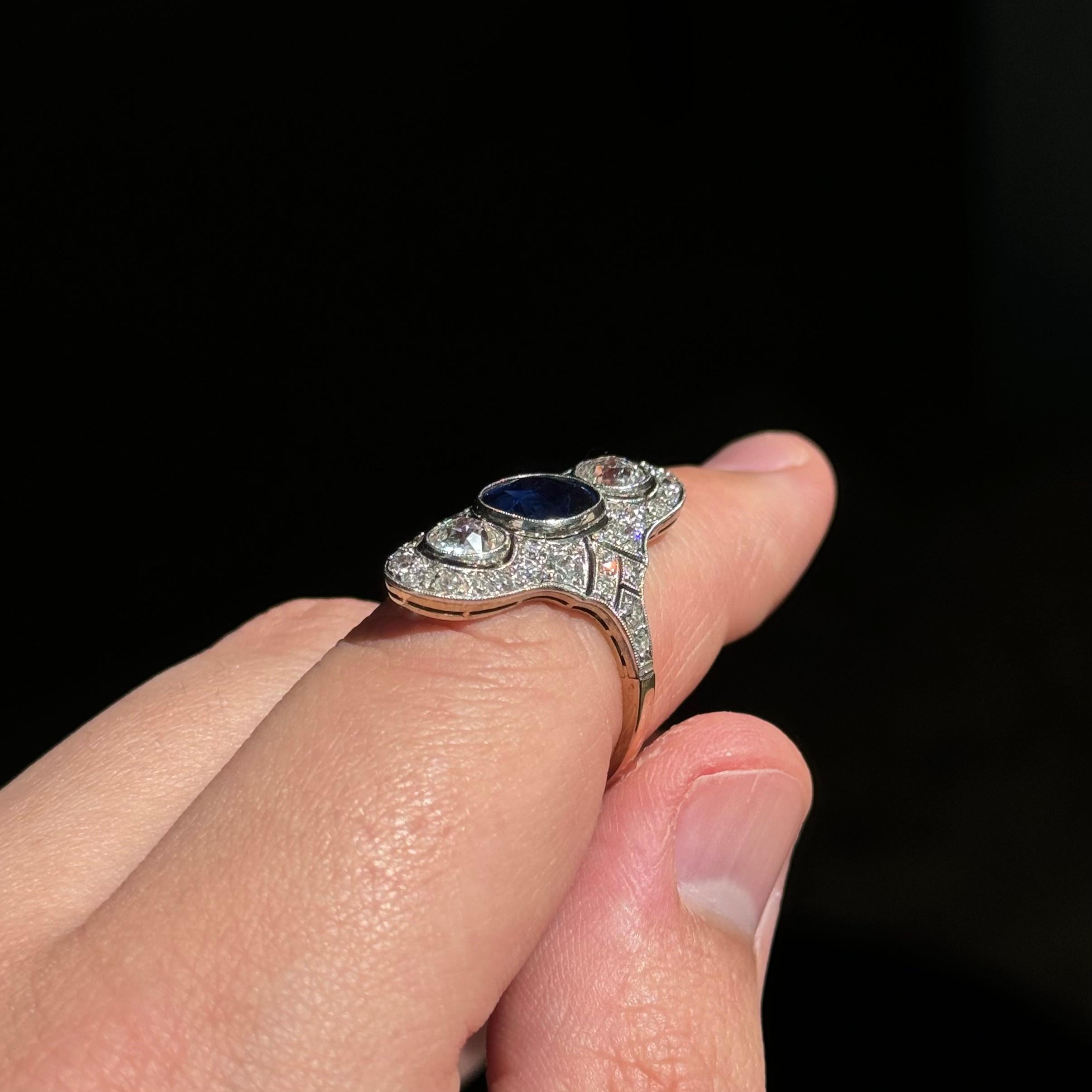 Art Deco Certified Natural Sapphire Diamond Cocktail Ring Platinum Gold 1930s For Sale 1