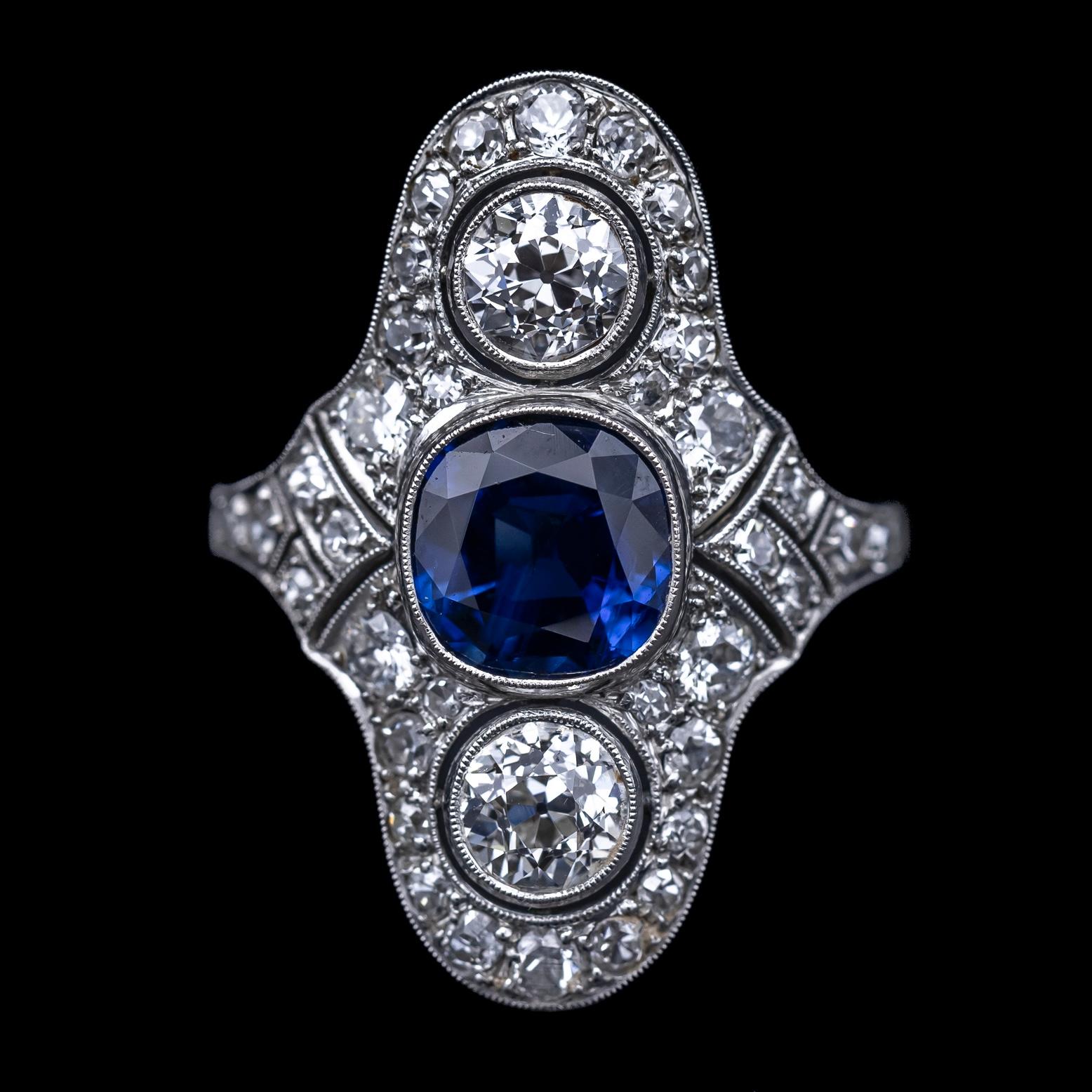 Art Deco Certified Natural Sapphire Diamond Cocktail Ring Platinum Gold 1930s For Sale 2