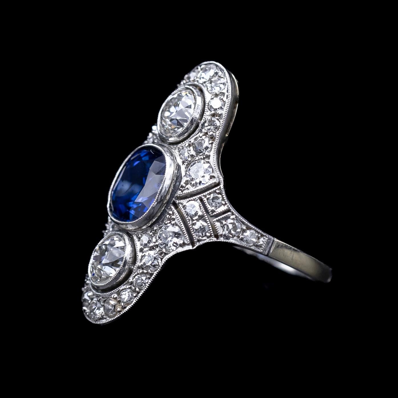 Art Deco Certified Natural Sapphire Diamond Cocktail Ring Platinum Gold 1930s For Sale 3