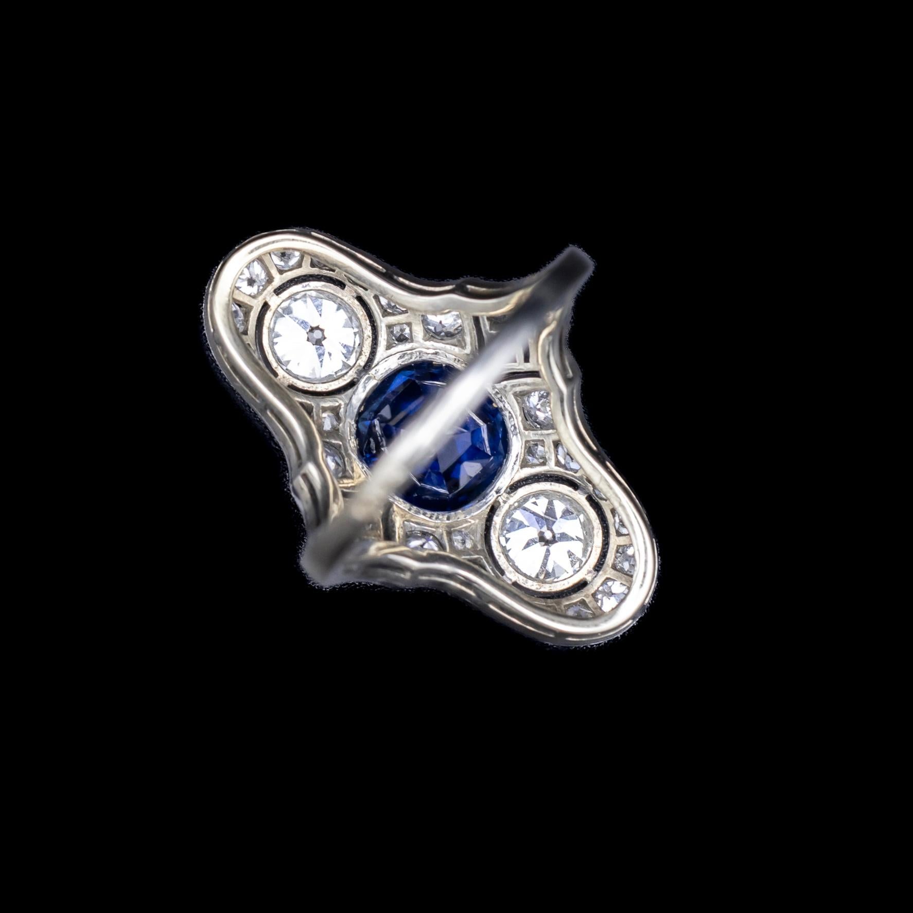Art Deco Certified Natural Sapphire Diamond Cocktail Ring Platinum Gold 1930s For Sale 4