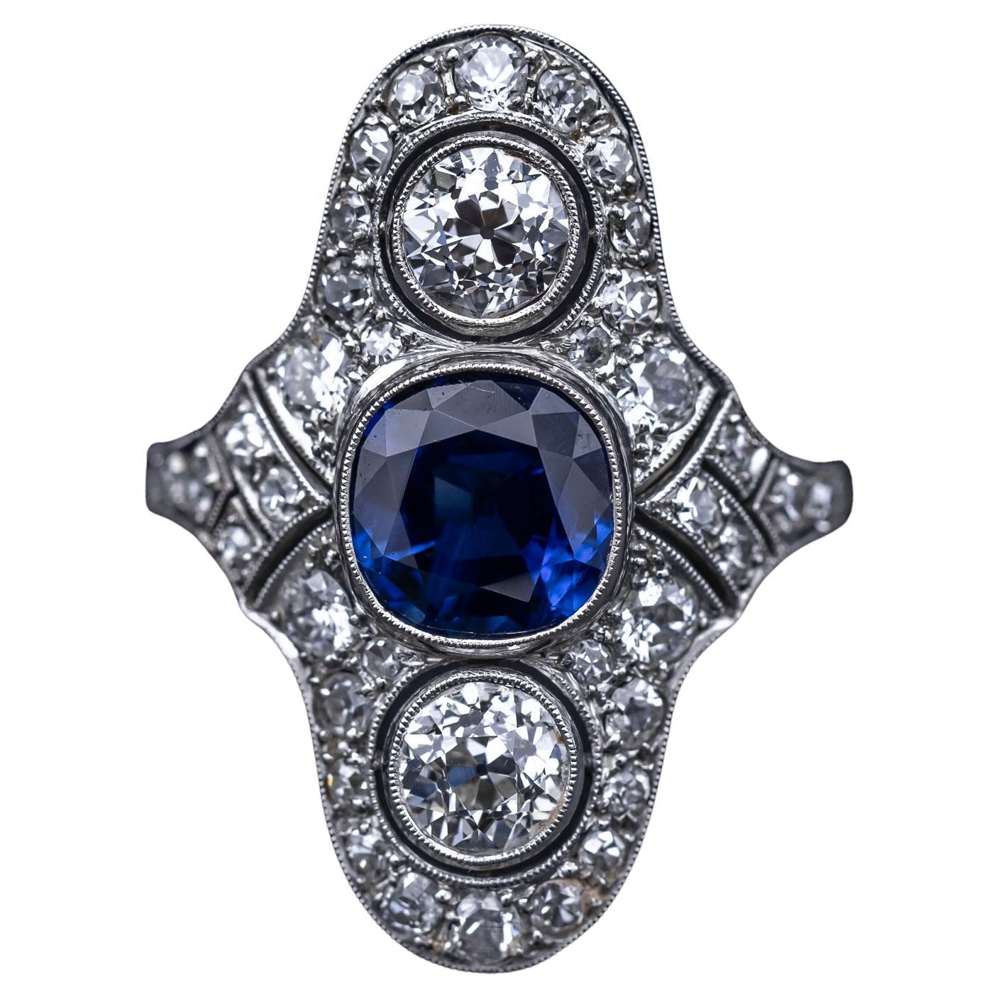 Art Deco Certified Natural Sapphire Diamond Cocktail Ring Platinum Gold 1930s For Sale