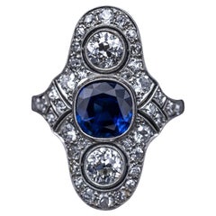 Antique Art Deco Certified Natural Sapphire Diamond Cocktail Ring Platinum Gold 1930s
