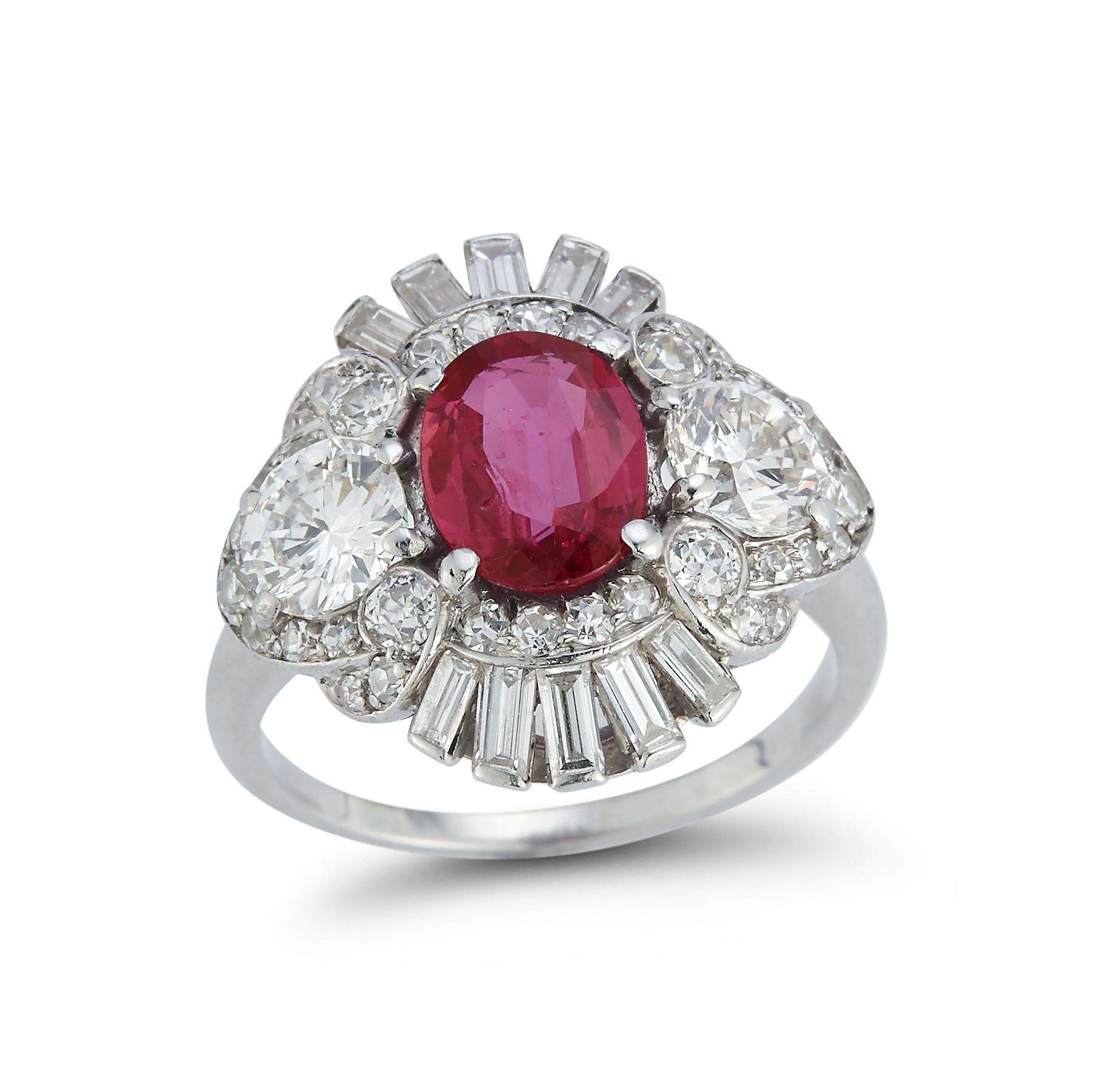  Art Deco Certified Oval Cut Ruby & Diamond Ring

Ruby Weight: approximately 2.29 cts

Round Cut Diamond Weight: 1.38 cts 

Ring Size: 5.5

Re sizable free of charge

Gold Type: 14K White Gold 