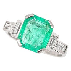 Art Deco Certified Untreated 3.4ct Columbian Emerald and Baguette Diamond Ring