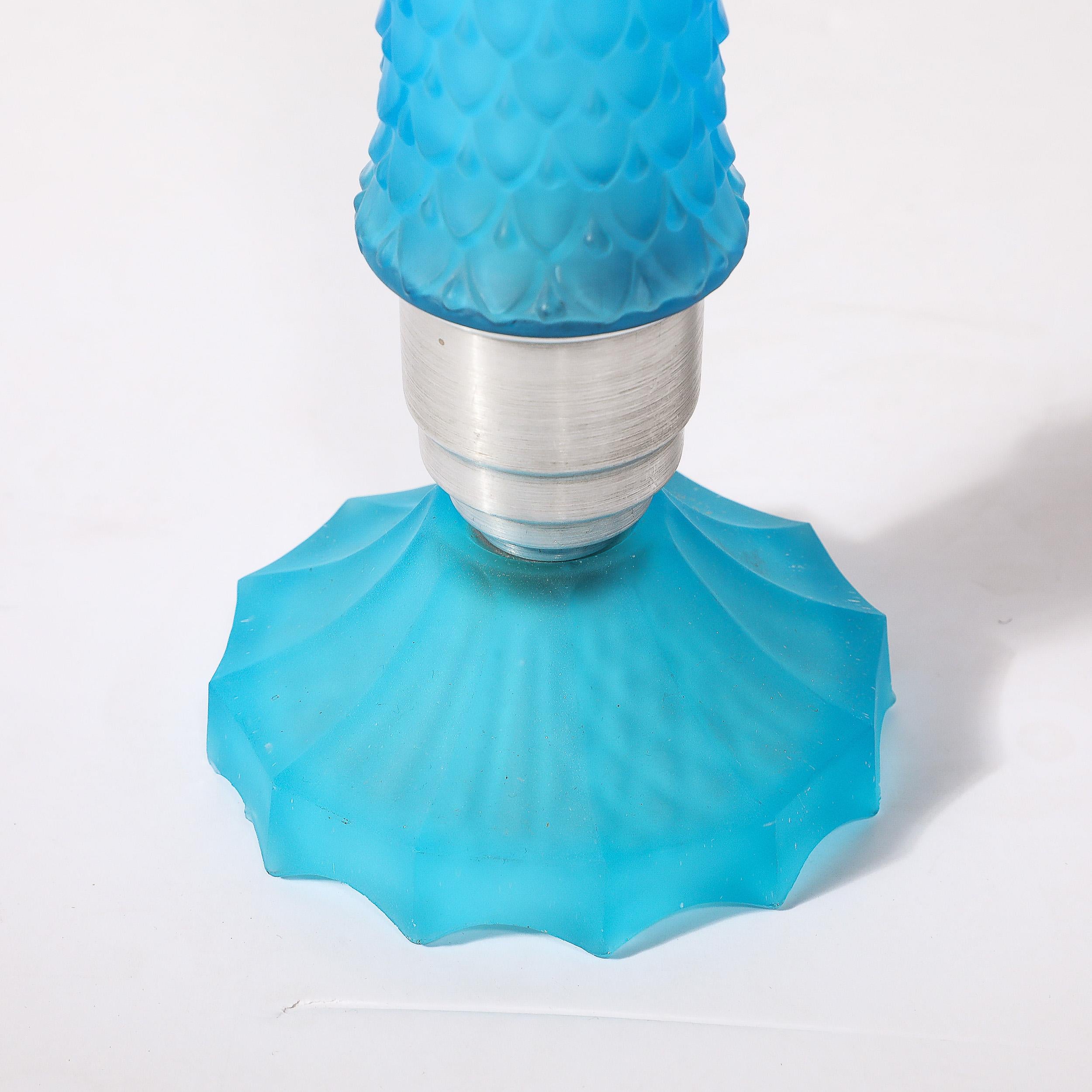 Art Deco Cerulean Blue Frosted Glass Uplight's w/ Stylized Cubist Detailing 7