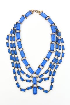 Vintage Art Deco Cerulean Blue Glass Multi Strand Drop Necklace 1930's Czech