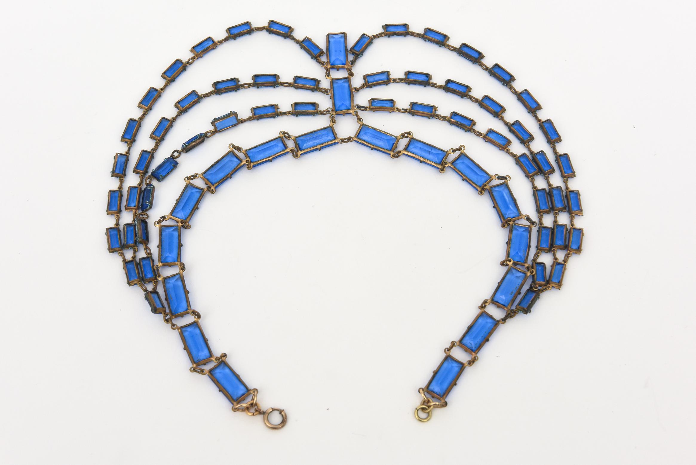 Art Deco Cerulean Blue Glas Multi Strand Drop Halskette im Zustand „Gut“ im Angebot in North Miami, FL