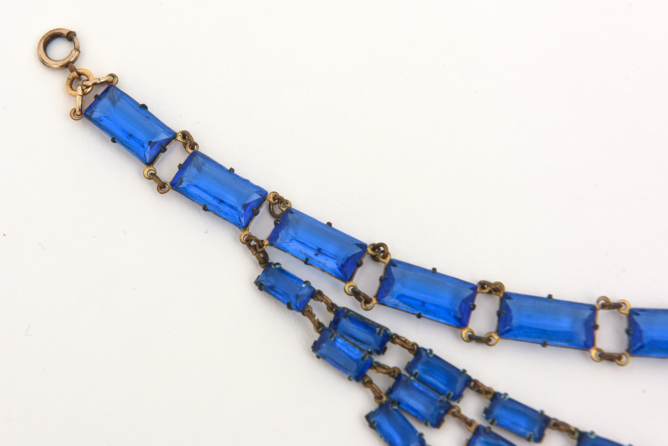 Art Deco Cerulean Blue Glass Multi Strand Drop Necklace In Good Condition For Sale In North Miami, FL