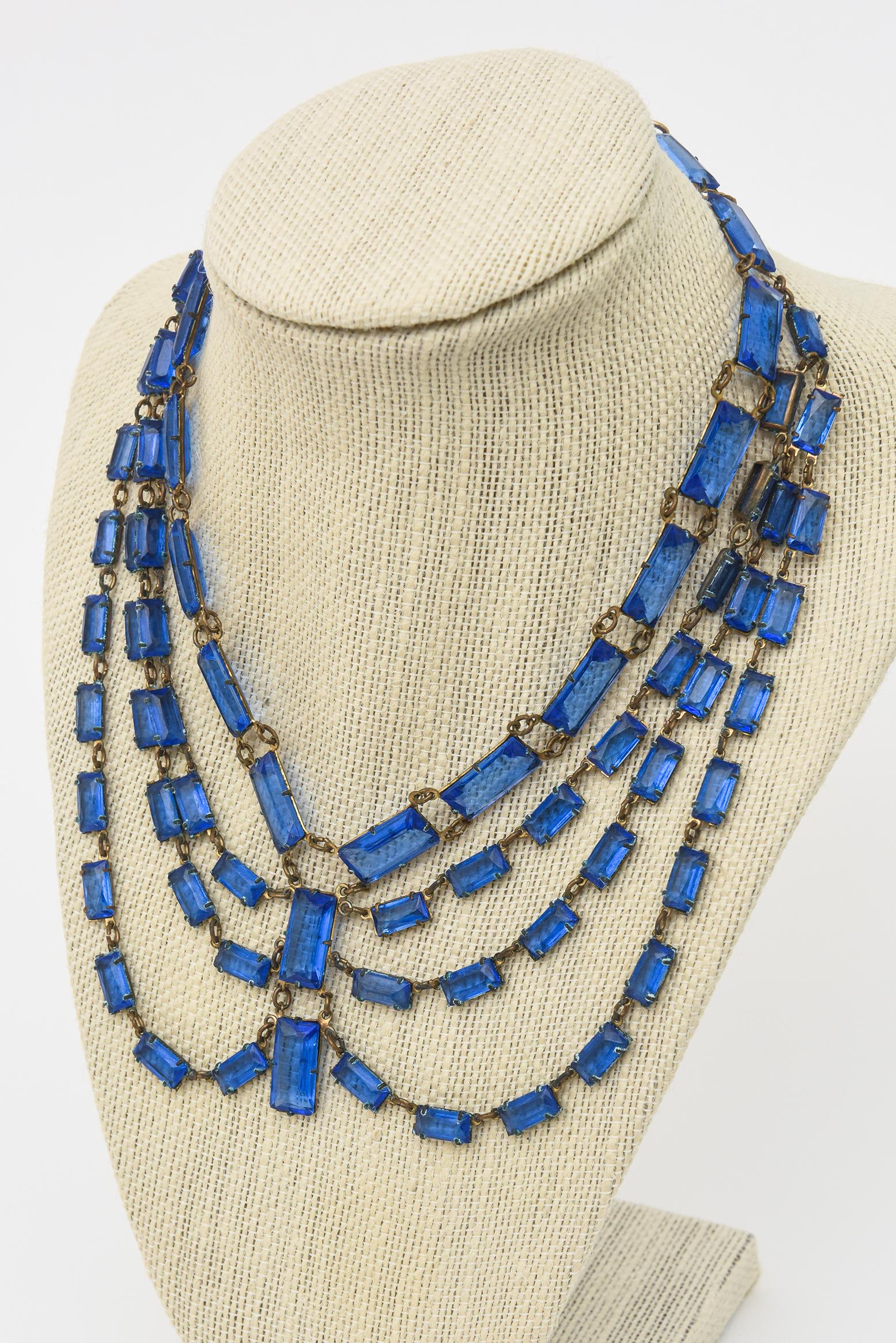 Women's Art Deco Cerulean Blue Glass Multi Strand Drop Necklace For Sale