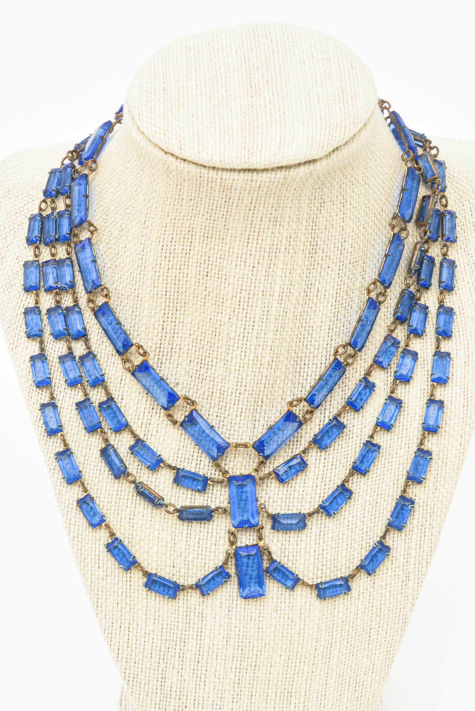 Art Deco Cerulean Blue Glass Multi Strand Drop Necklace For Sale 1