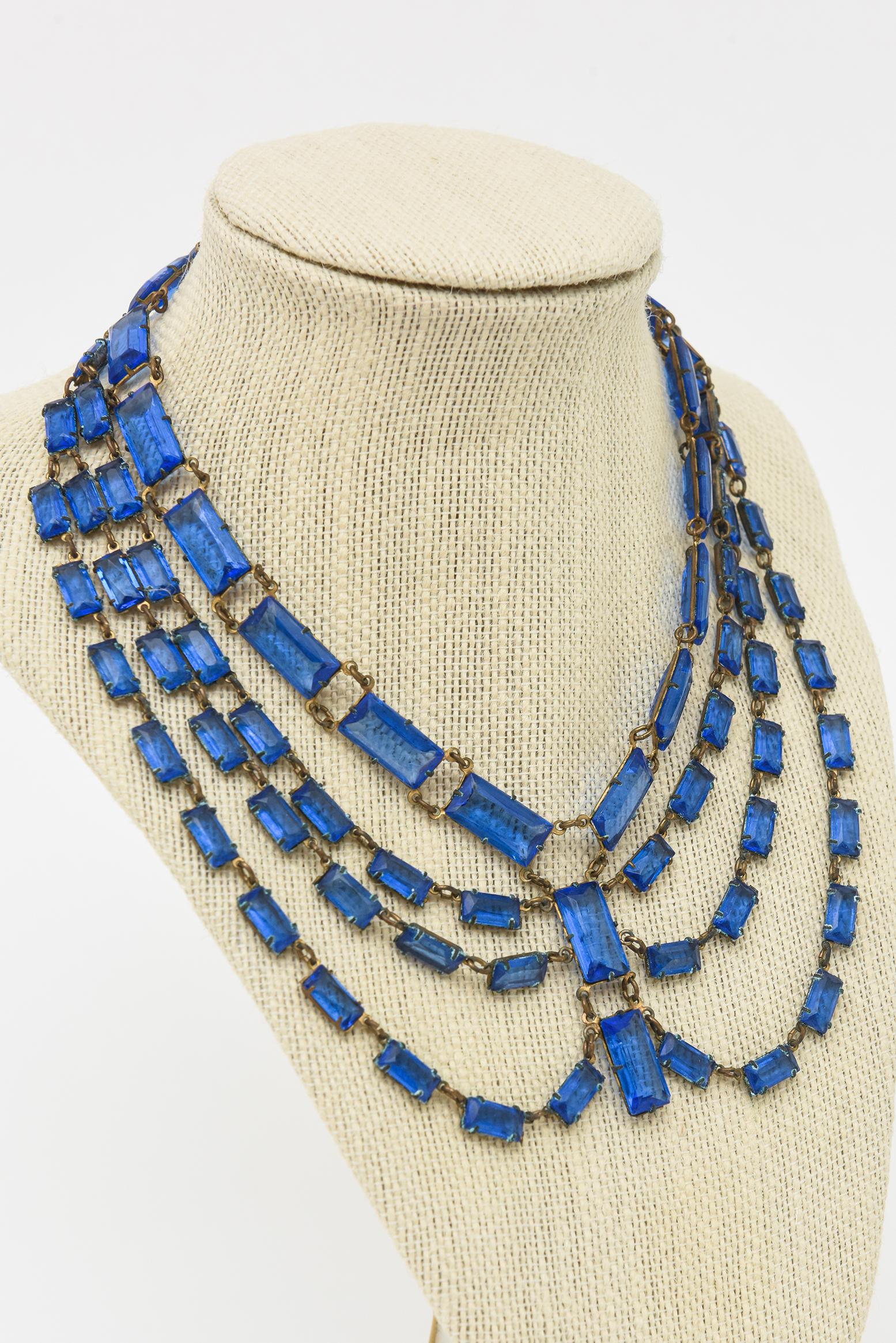 Art Deco Cerulean Blue Glass Multi Strand Drop Necklace For Sale 2