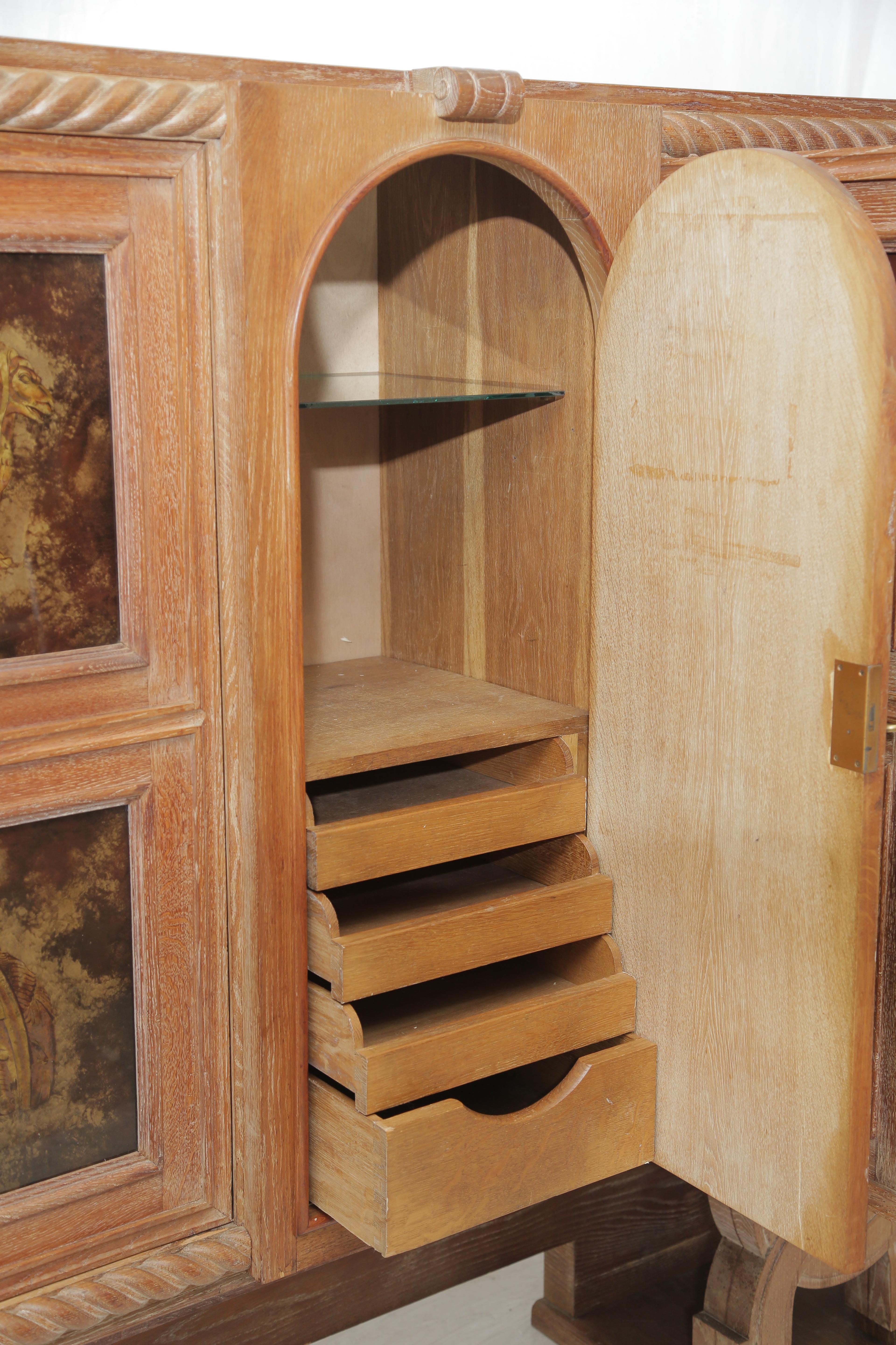 Art Deco Cerused Oak & Verre Églomisé Cabinet in the Style of Moreux, circa 1940 9
