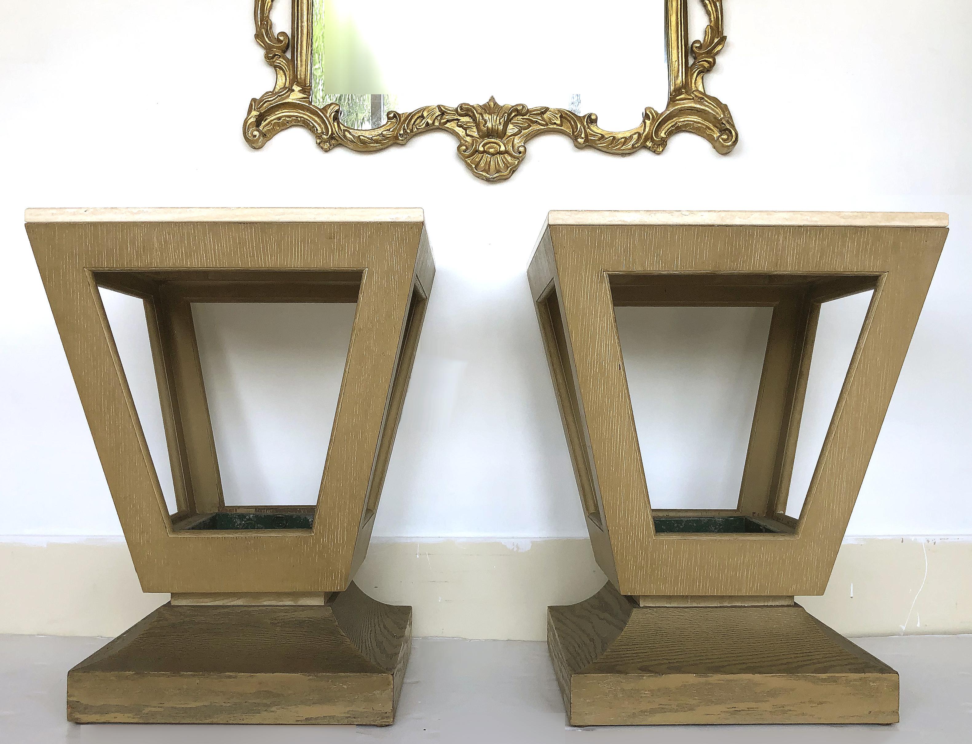 Art Deco cerused wood/Travertine end/side tables with planters

Offered for sale is a pair of cerused Art Deco Cerused end tables with travertine tops and metal planter inserts beneath. These tables are finished on all sides and will float nicely
