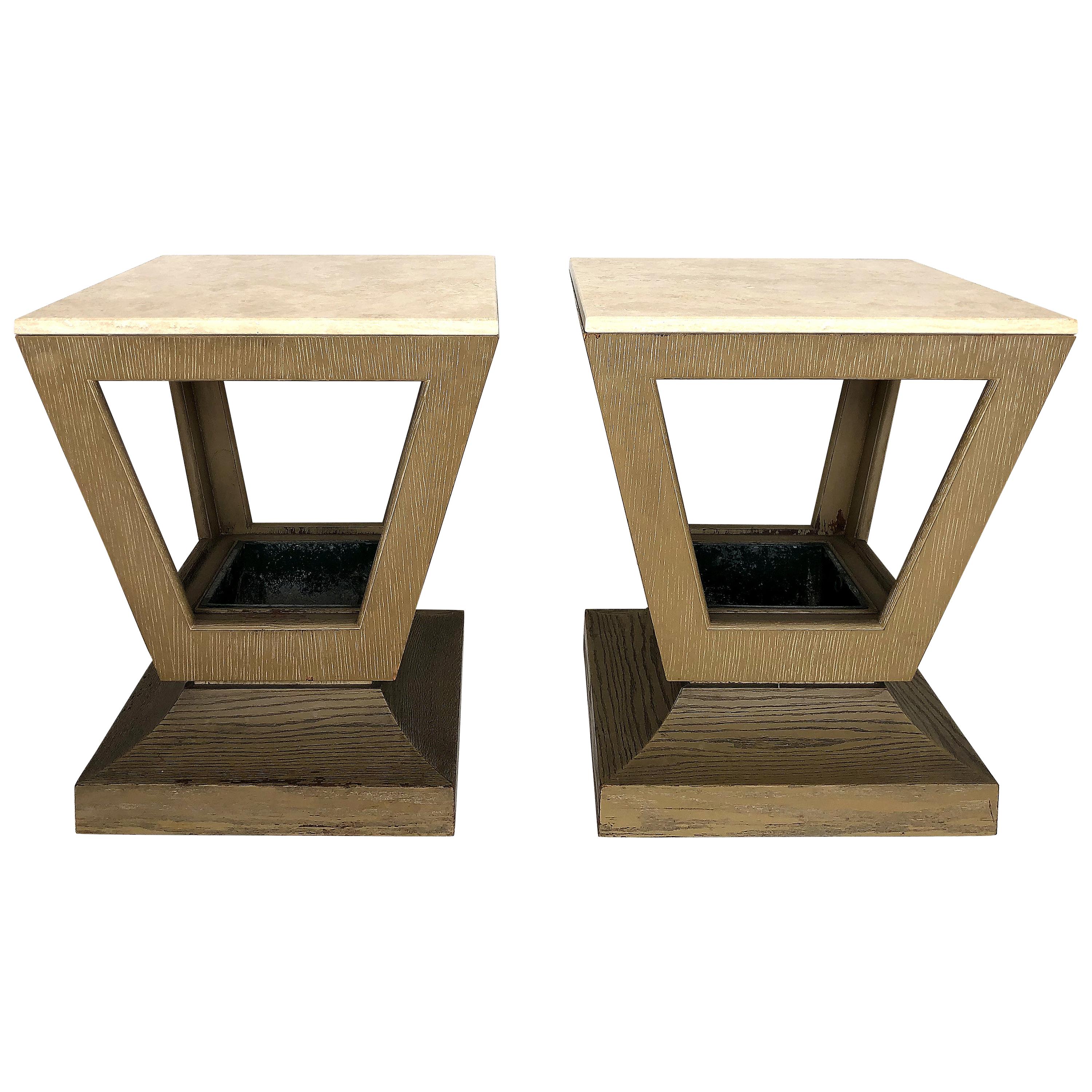 Art Deco Cerused Wood/Travertine End/Side Tables with Planters