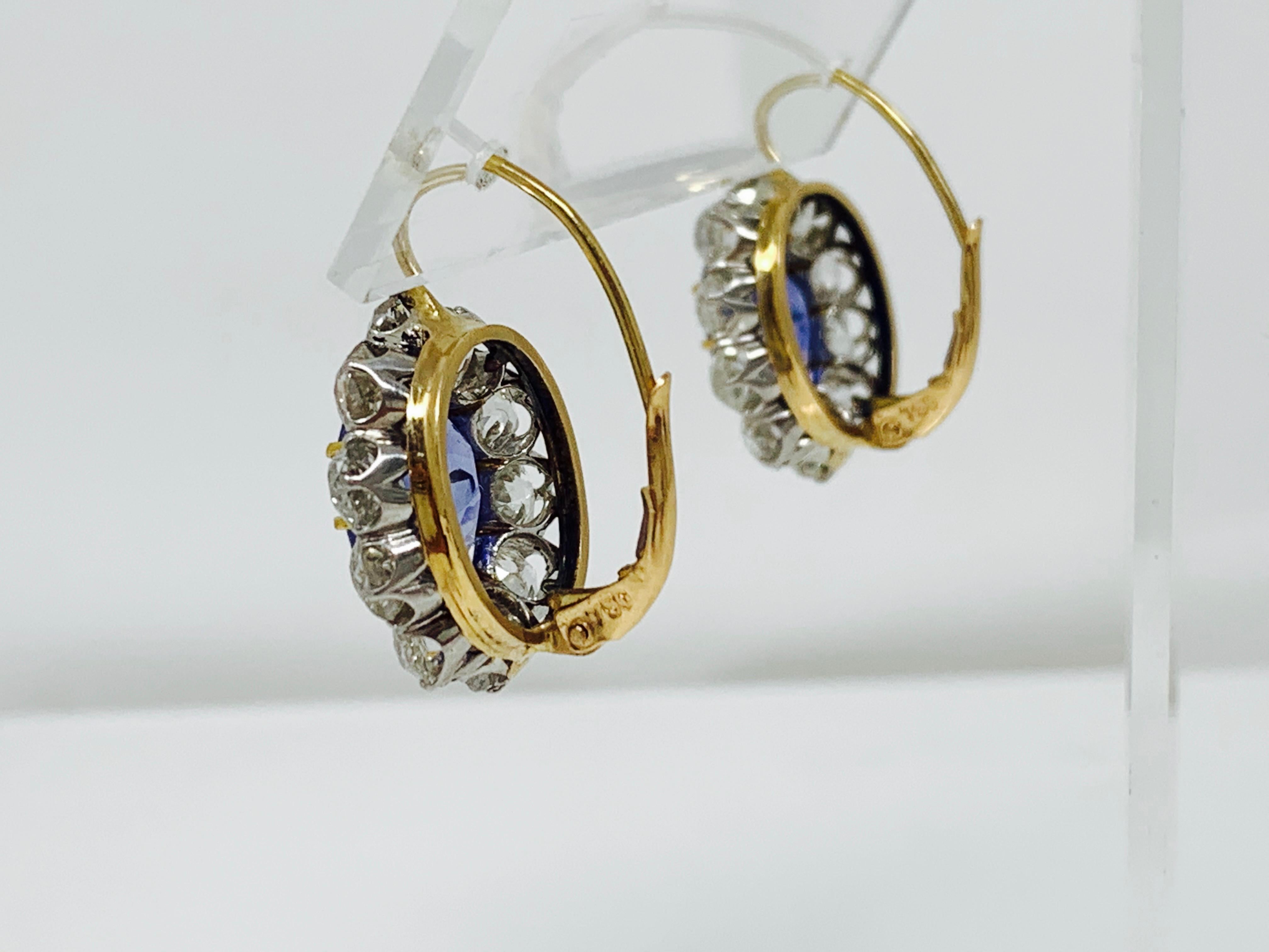 Art Deco Vintage Blue Sapphire and Diamond Earrings in 18 K Gold and Platinum, AGL Cert.  For Sale
