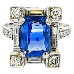 Art Deco Ceylon Blue Sapphire Ring with Baguette and Round Diamonds
