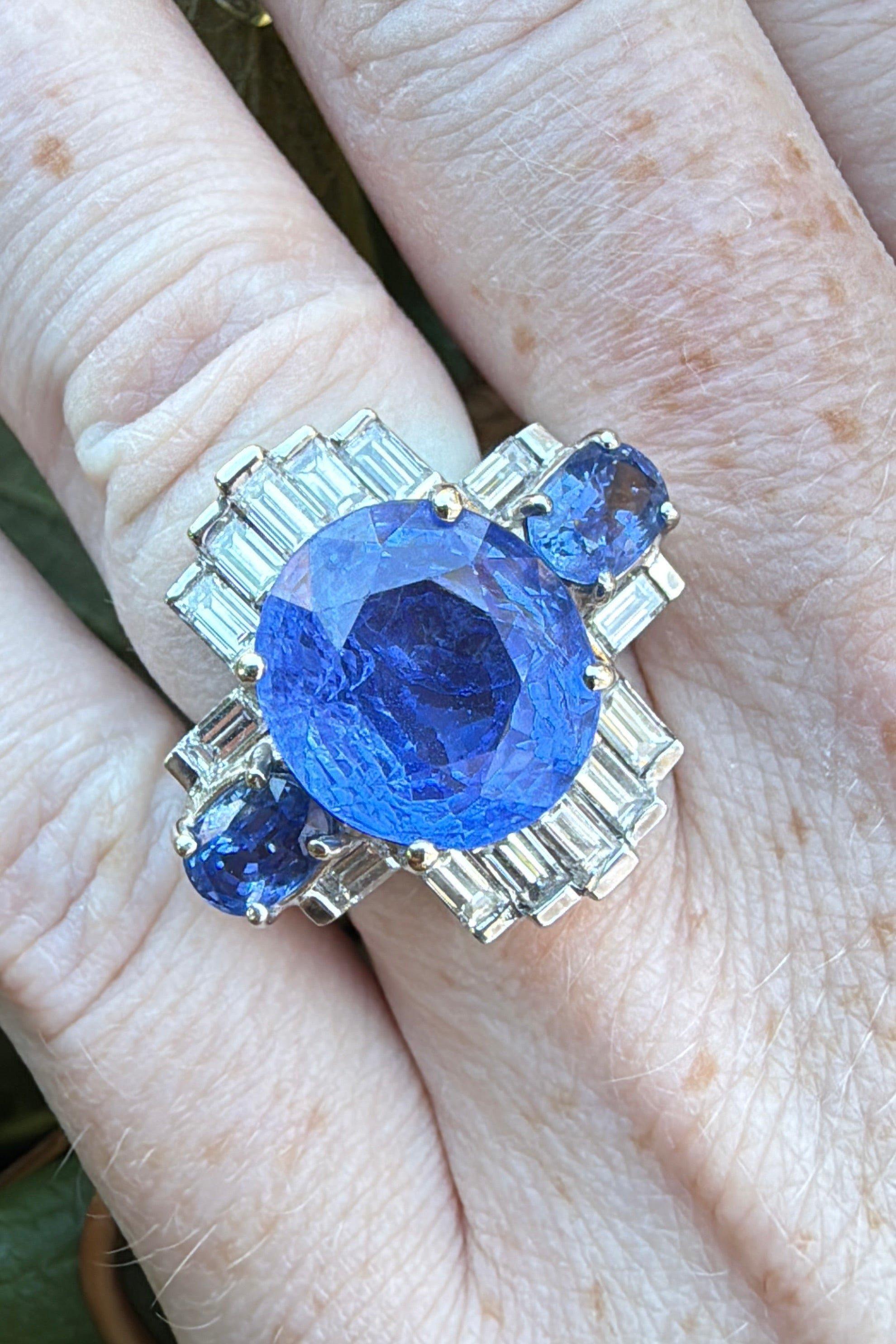 Art Deco Ceylon No Heat Sapphire, Diamond, and 18K White Gold Ring with AGL In Good Condition In Ben Lomond, CA