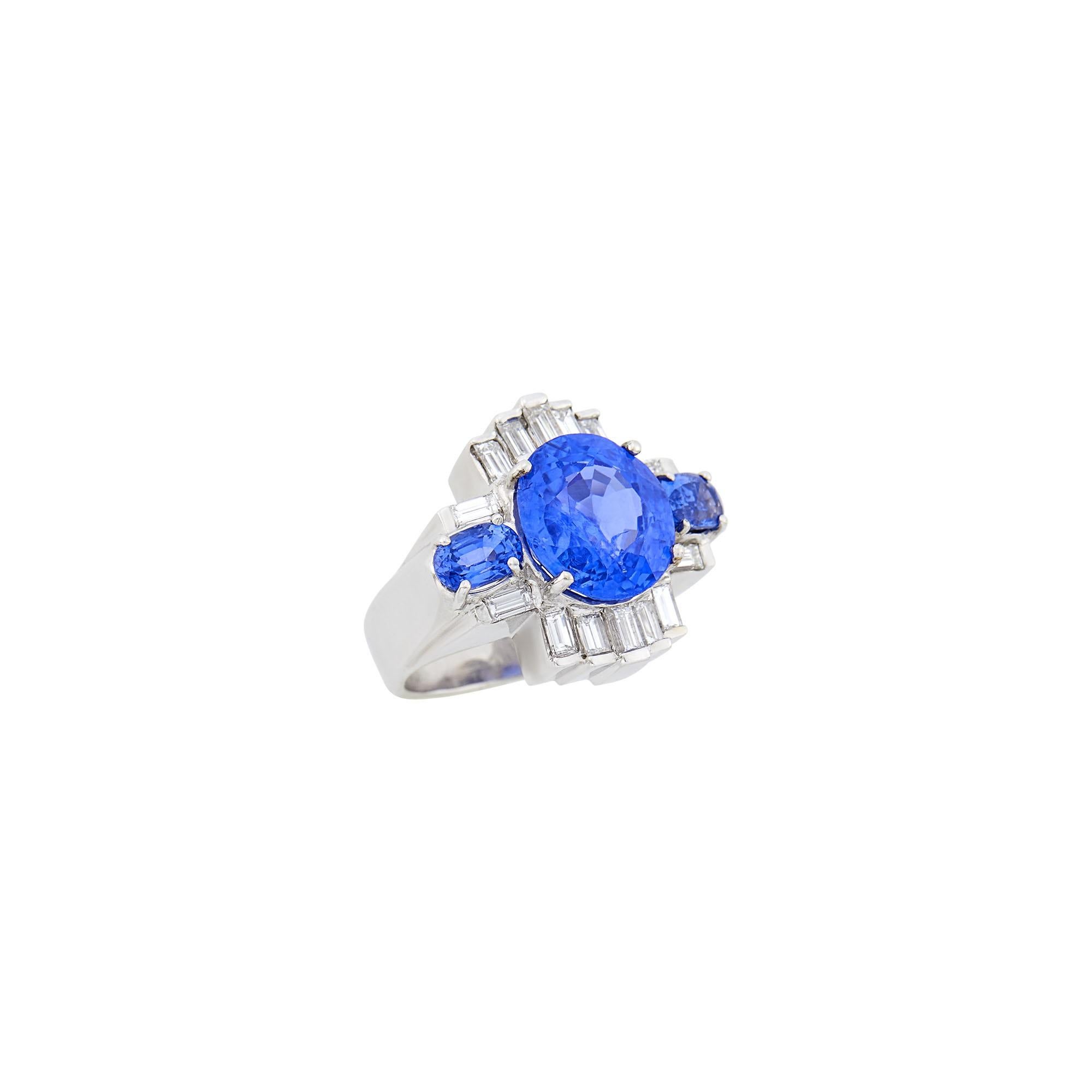 Women's Art Deco Ceylon No Heat Sapphire, Diamond, and 18K White Gold Ring with AGL