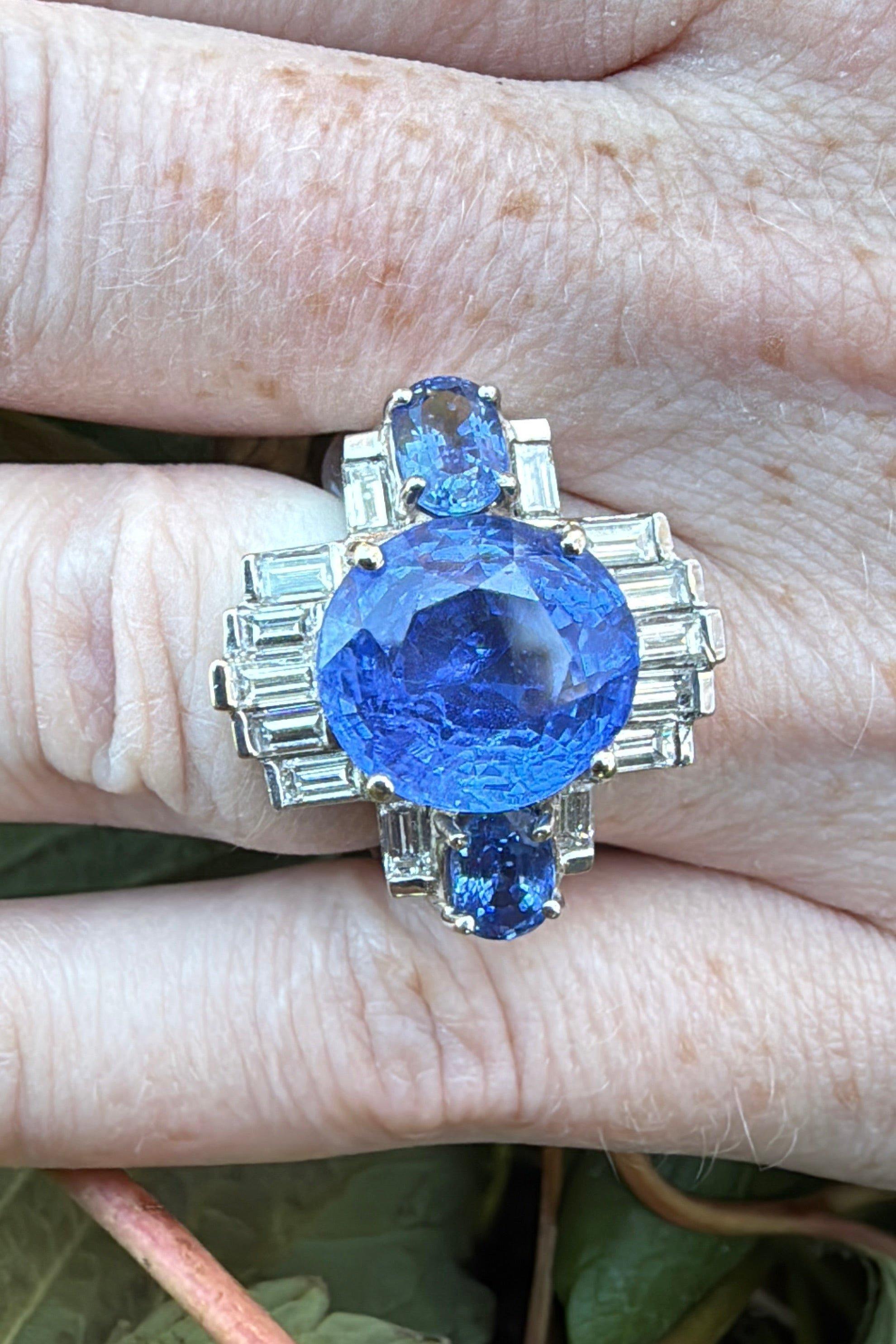 Art Deco Ceylon No Heat Sapphire, Diamond, and 18K White Gold Ring with AGL 2