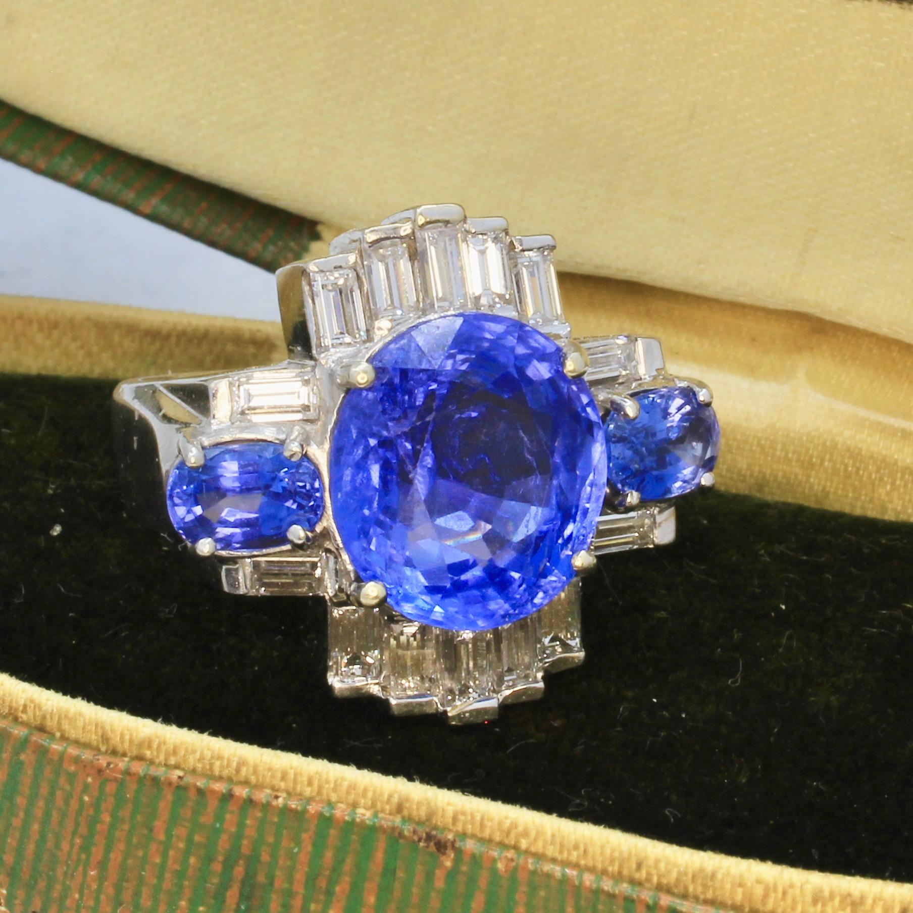 Art Deco Ceylon No Heat Sapphire, Diamond, and 18K White Gold Ring with AGL 3