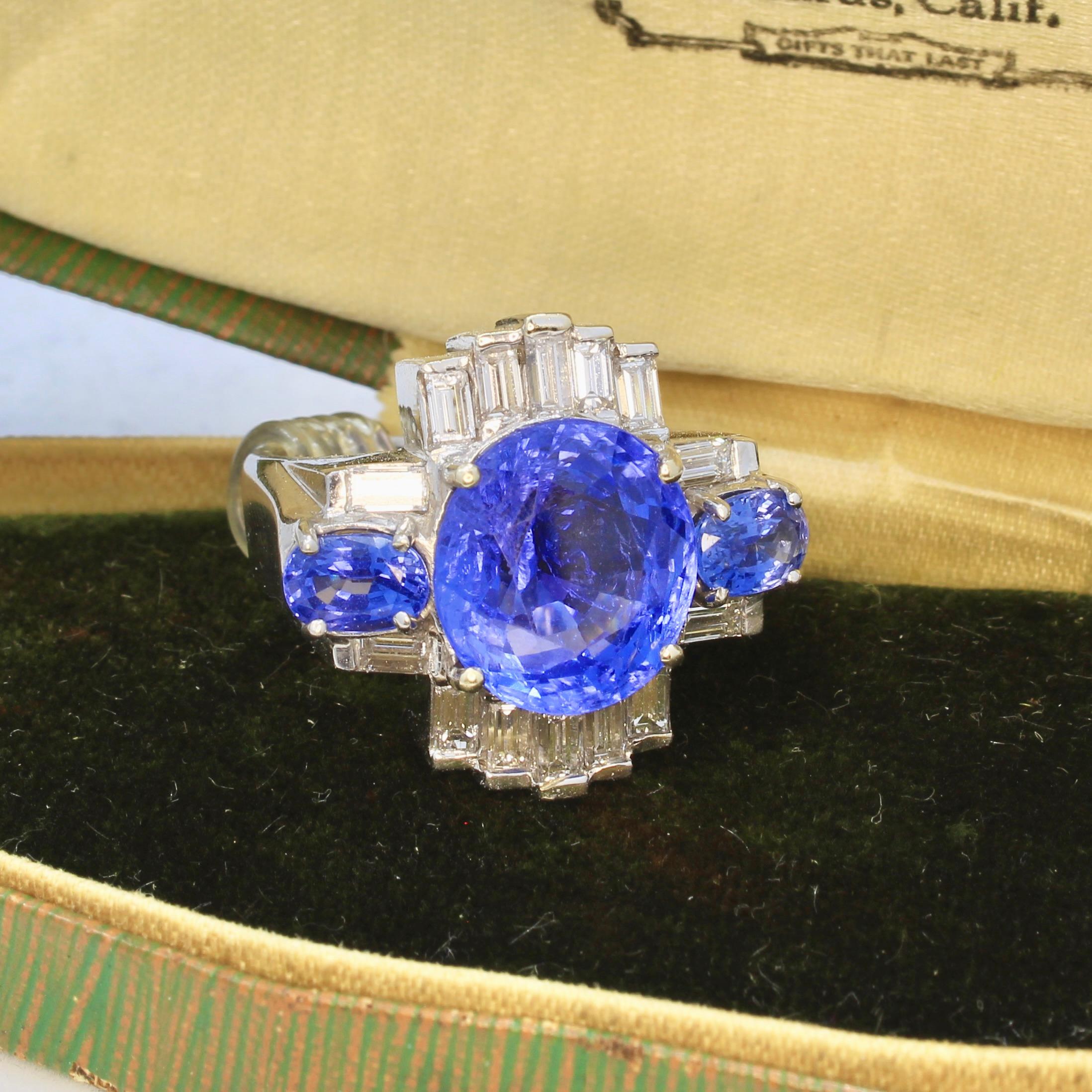Art Deco Ceylon No Heat Sapphire, Diamond, and 18K White Gold Ring with AGL 4
