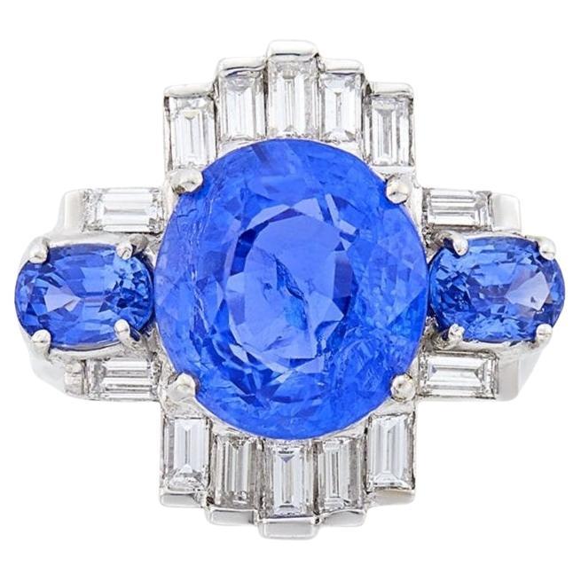 Oval Cut Art Deco Ceylon No Heat Sapphire, Diamond, and 18K White Gold Ring with AGL