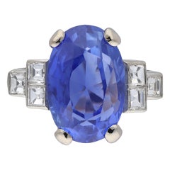 Antique Art Deco Ceylon Sapphire and Diamond Flanked Solitaire Ring, circa 1920