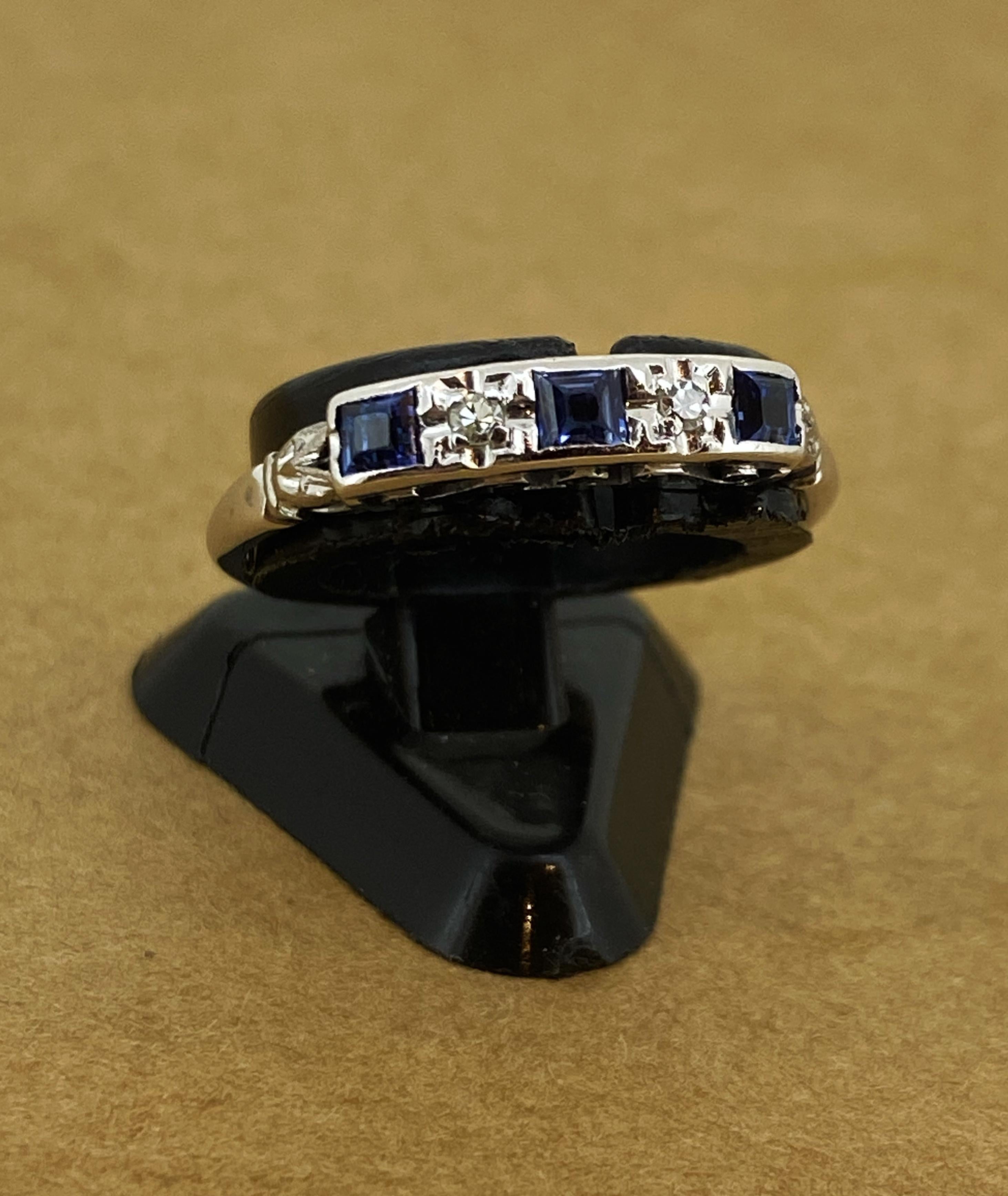 Princess Cut Art-Deco Ceylon Sapphire & Diamond Half Hoop Ring in Platinum & 18K White Gold.