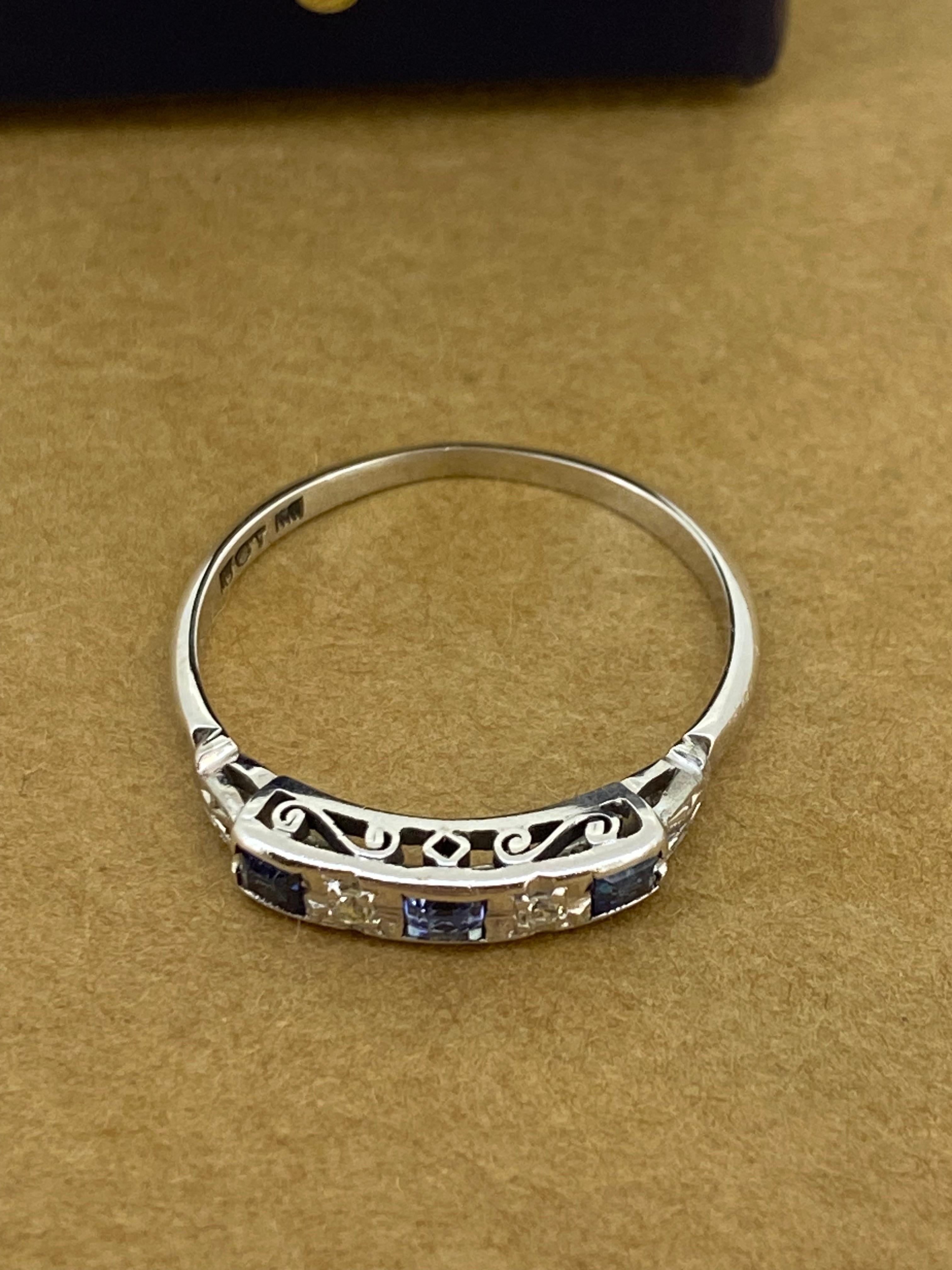 Women's Art-Deco Ceylon Sapphire & Diamond Half Hoop Ring in Platinum & 18K White Gold.