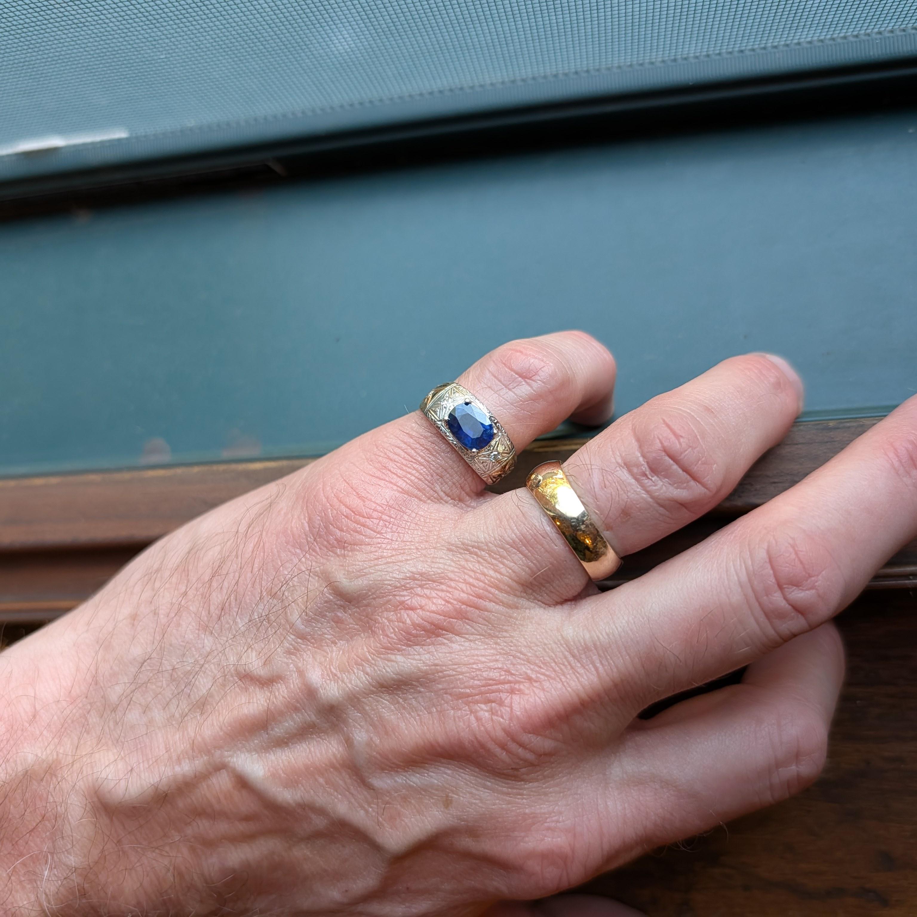 Art Deco Ceylon Saphir & Diamant Ring, 2,04ct Königsblau, 17K/14K Gold, Größe 9 im Angebot 4