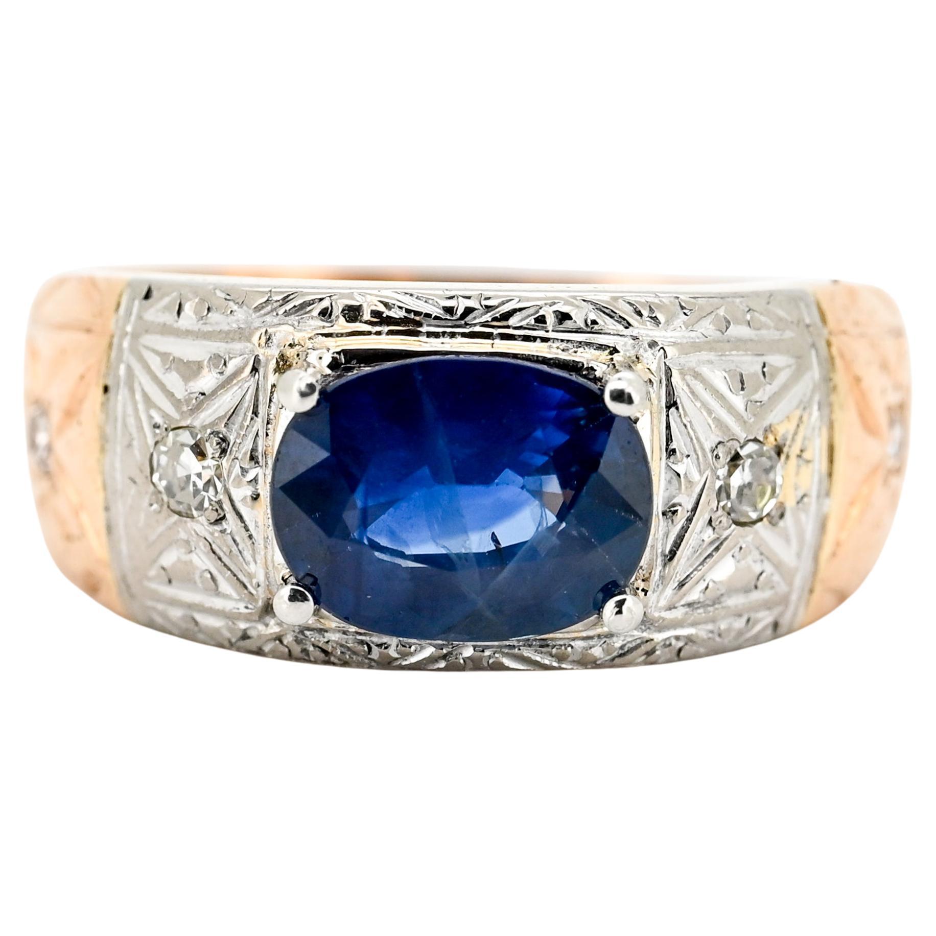 Art Deco Ceylon Saphir & Diamant Ring, 2,04ct Königsblau, 17K/14K Gold, Größe 9 im Angebot