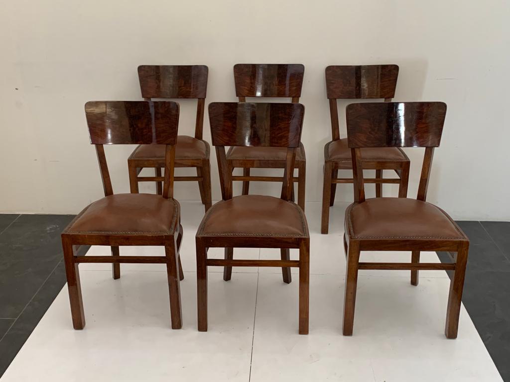 Art Deco Chairs in Walnut Root with Leather Seats, 1940s, Set of 6 For Sale 7