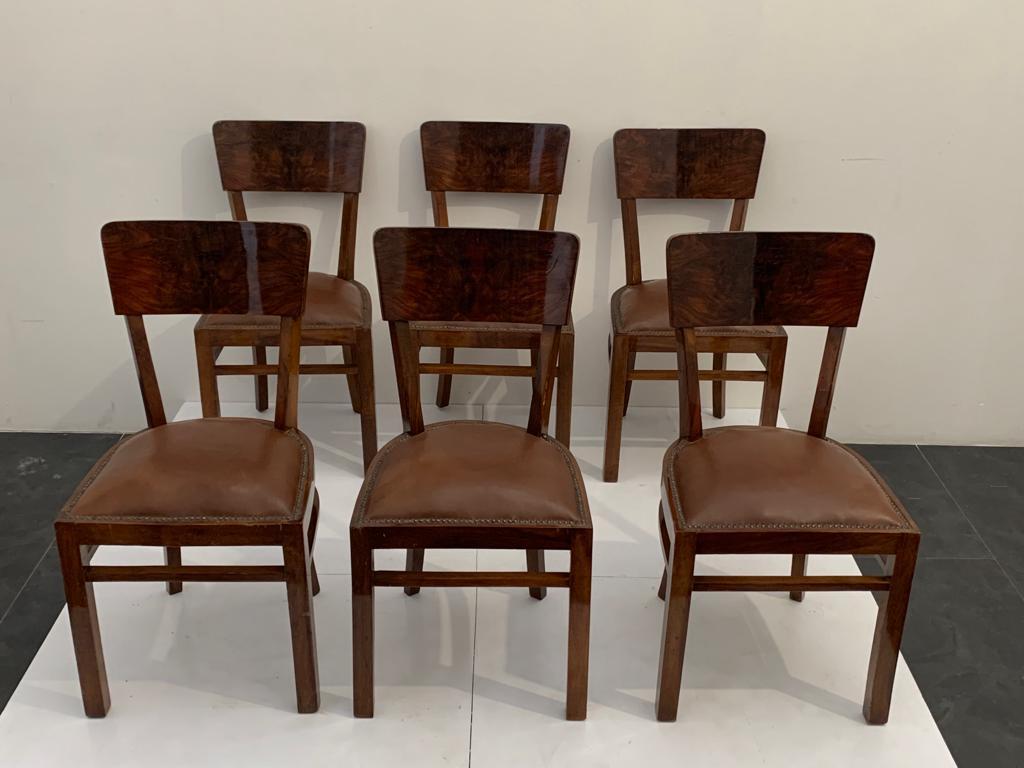 Art déco-Stühle aus Nussbaumholzwurzel mit Ledersitzen, 6er-Set, 1940er Jahre (Französisch) im Angebot