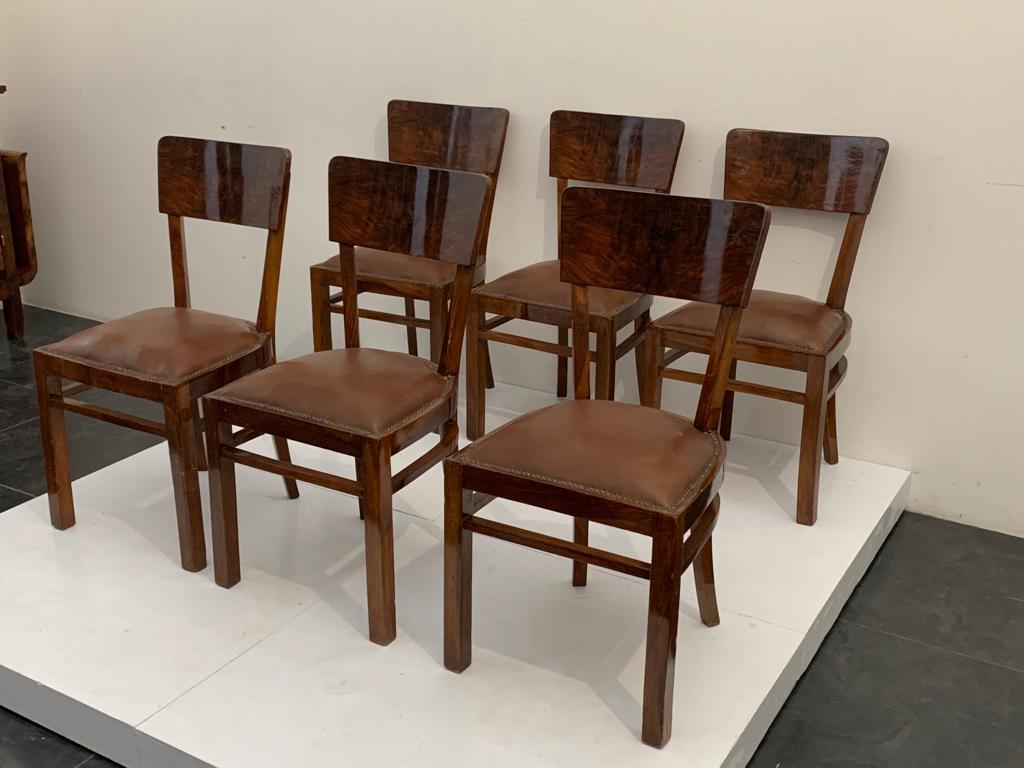 French Art Deco Chairs in Walnut Root with Leather Seats, 1940s, Set of 6 For Sale