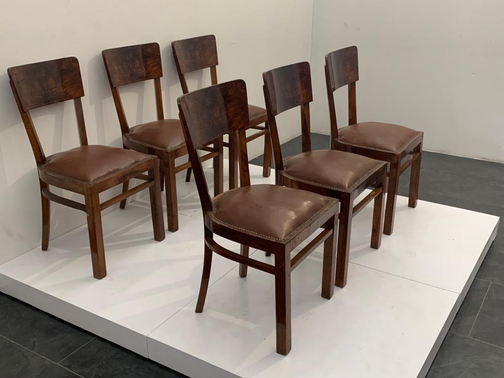 Art déco-Stühle aus Nussbaumholzwurzel mit Ledersitzen, 6er-Set, 1940er Jahre (Mitte des 20. Jahrhunderts) im Angebot