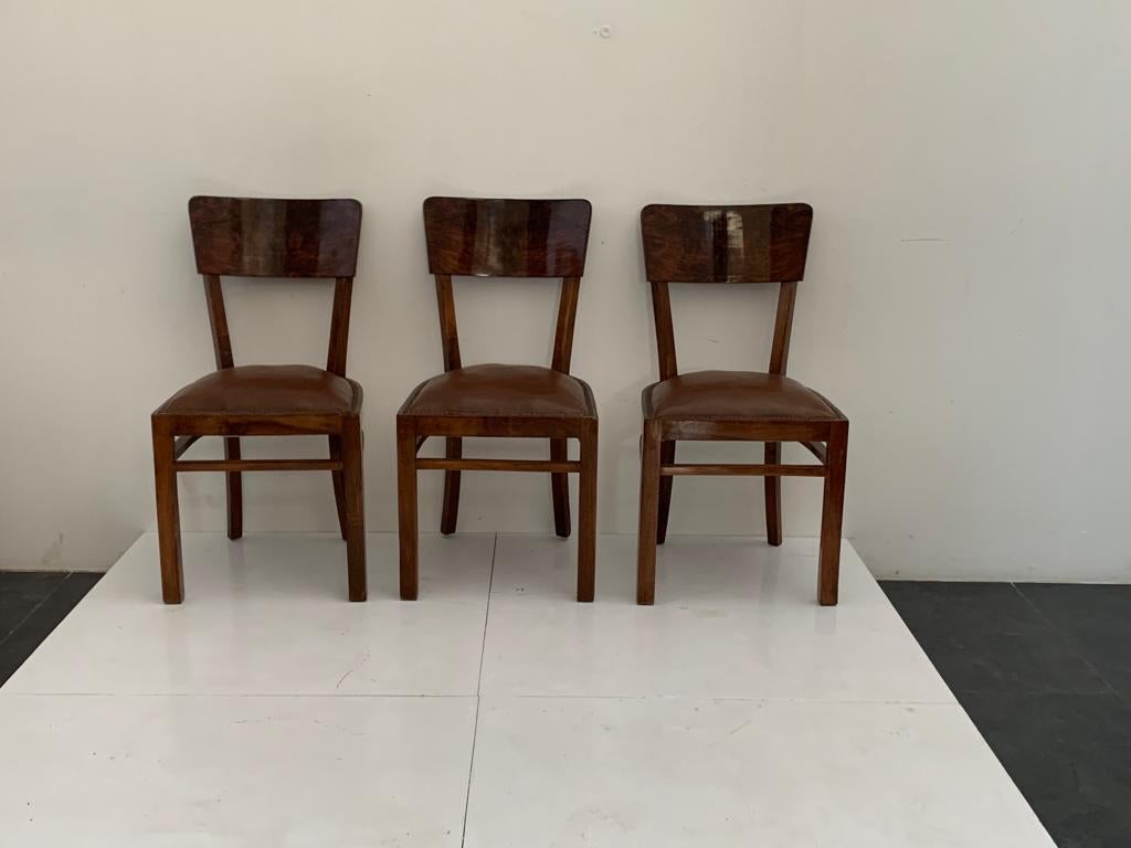Mid-20th Century Art Deco Chairs in Walnut Root with Leather Seats, 1940s, Set of 6 For Sale