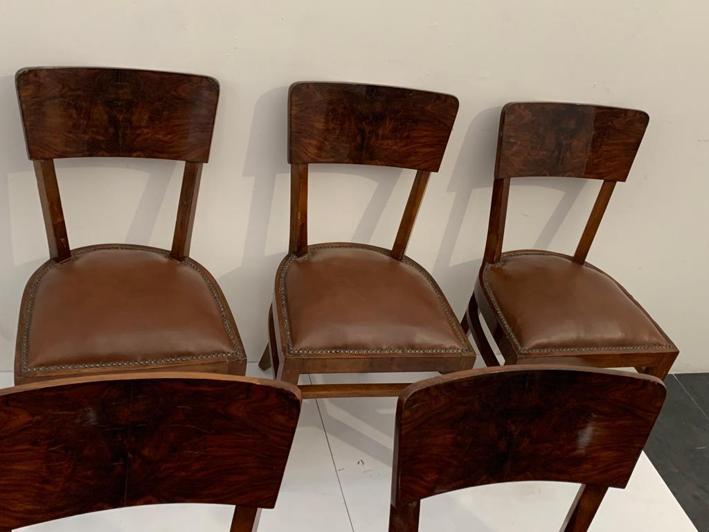 Burl Art Deco Chairs in Walnut Root with Leather Seats, 1940s, Set of 6 For Sale