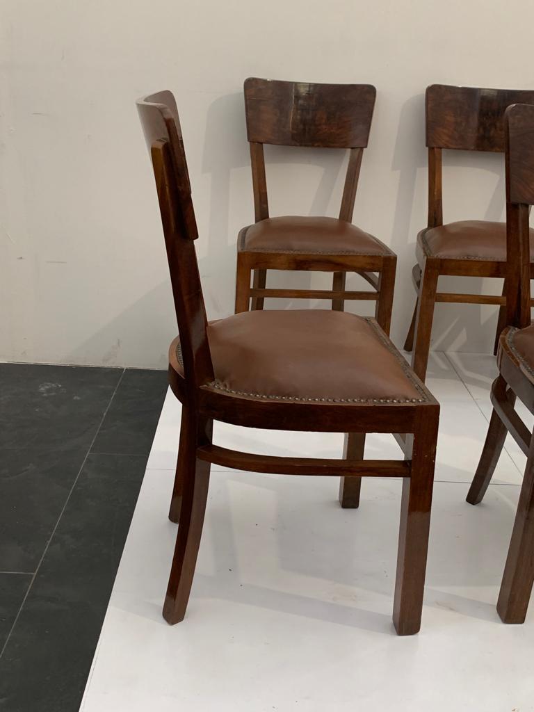 Art Deco Chairs in Walnut Root with Leather Seats, 1940s, Set of 6 For Sale 1