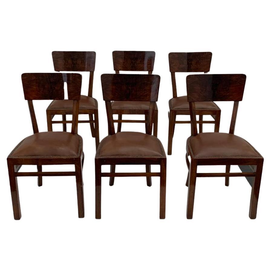 Art Deco Chairs in Walnut Root with Leather Seats, 1940s, Set of 6 For Sale