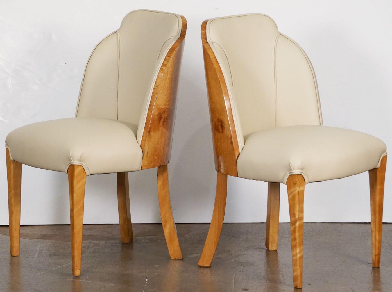 English Art Deco Chairs of Burled Walnut and Leather Attributed to Harry and Lou Epstein For Sale