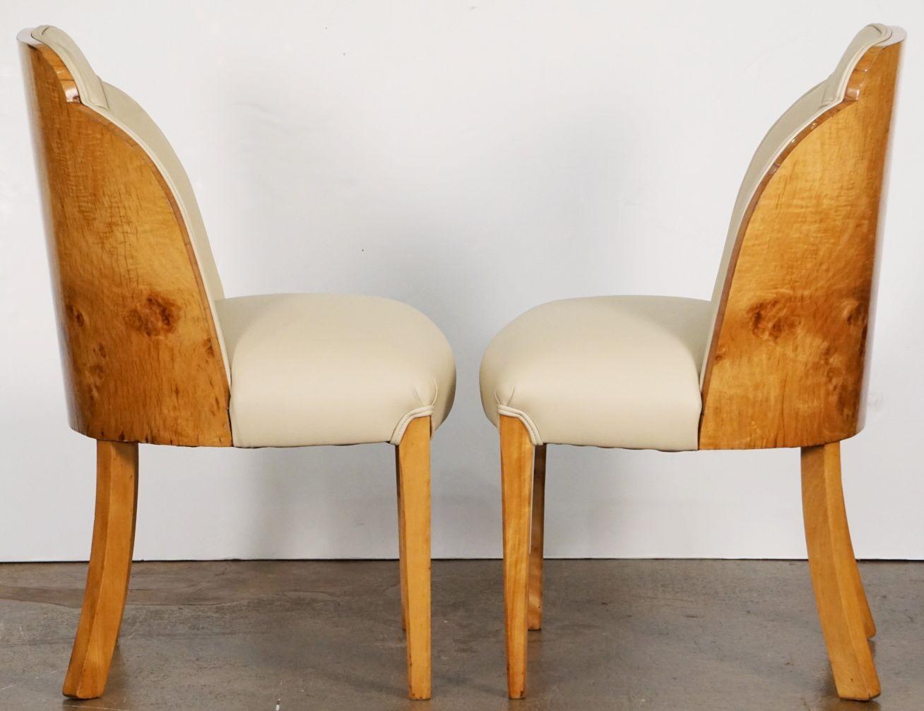 Bleached Art Deco Chairs of Burled Walnut and Leather Attributed to Harry and Lou Epstein For Sale