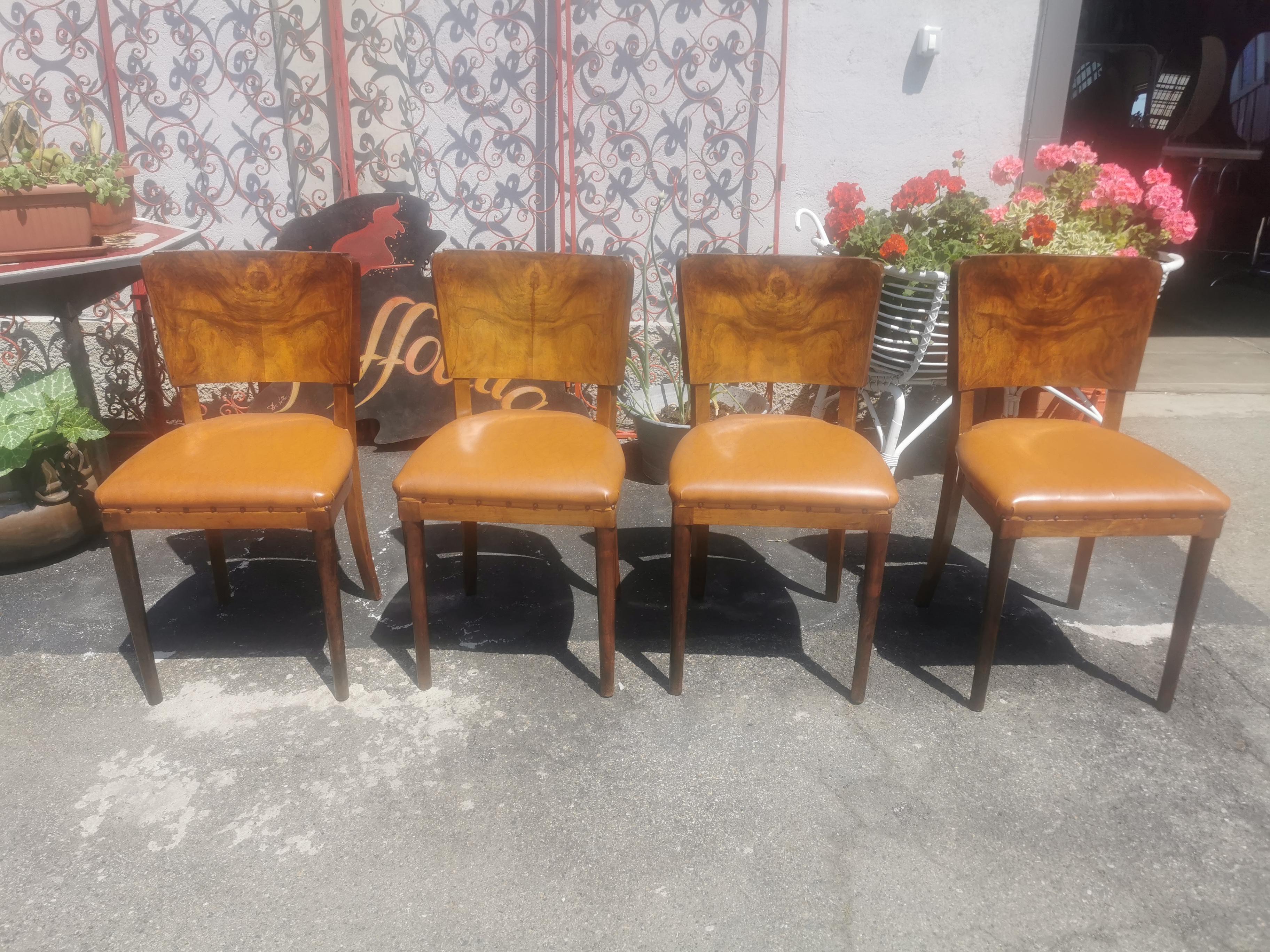 Art Deco chairs set 4, burl wood circa 1930 Italy
in very good condition and has been restored .
stabile and ready to use in saloon or kitchen 
will be shipped inside a wood secured box.
 