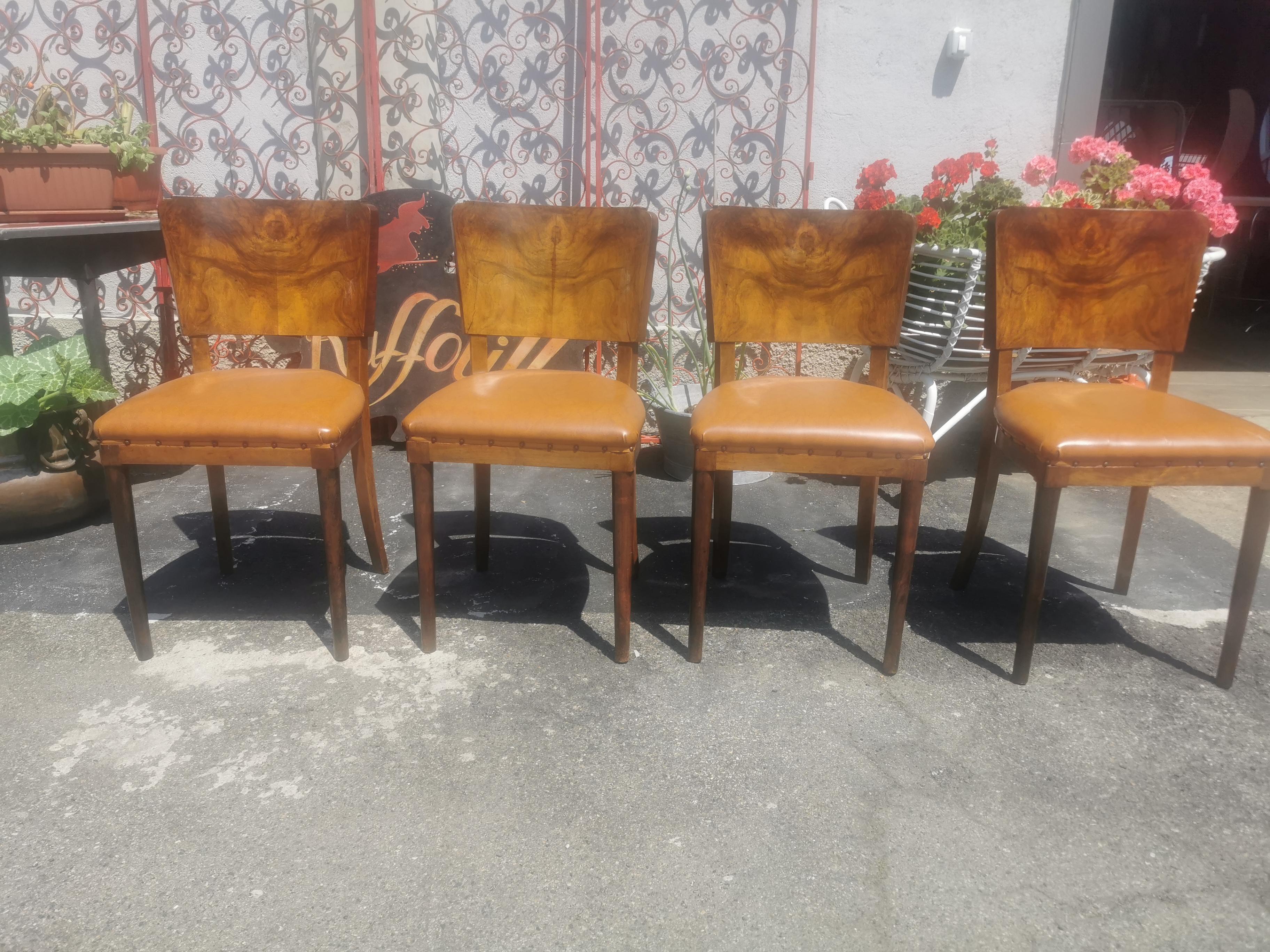 Italian Art Deco Chairs Set 4, Burl Wood circa 1930 Italy