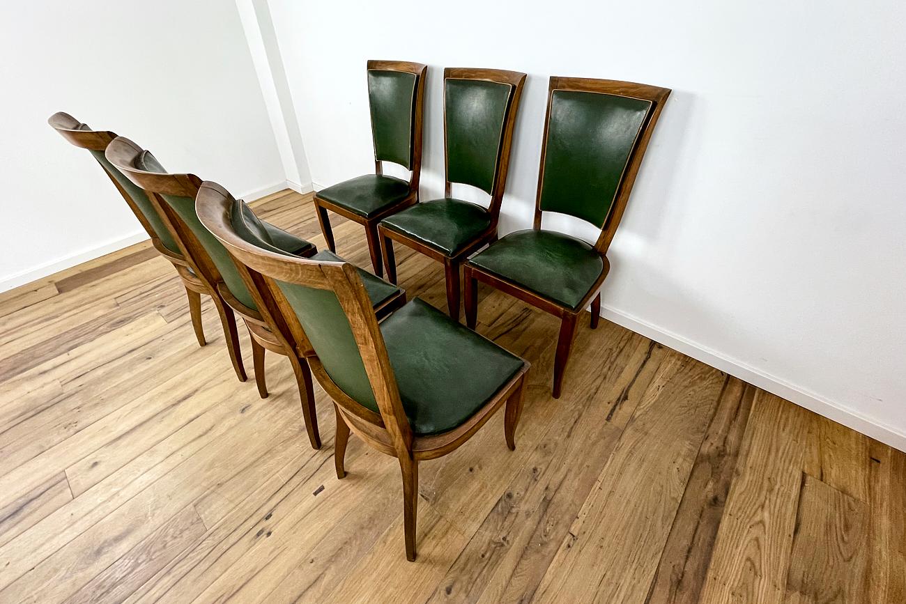 French Art Deco Chairs with Green Leather from France Around 1930 For Sale
