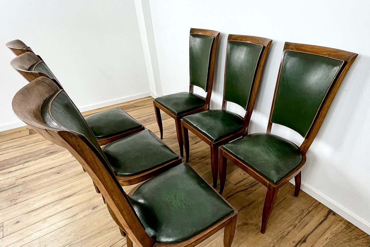 Hand-Crafted Art Deco Chairs with Green Leather from France Around 1930 For Sale