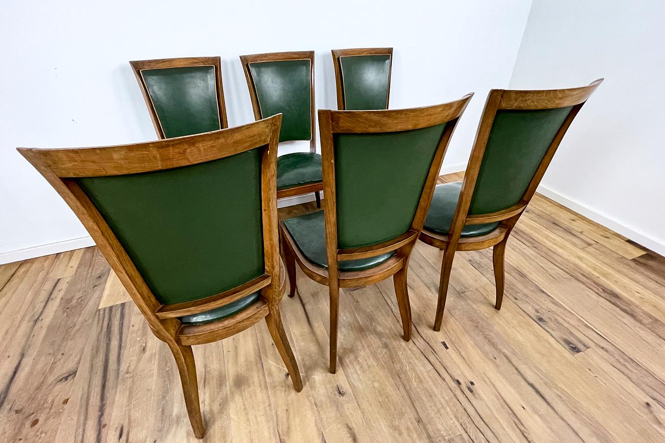 Mid-20th Century Art Deco Chairs with Green Leather from France Around 1930 For Sale
